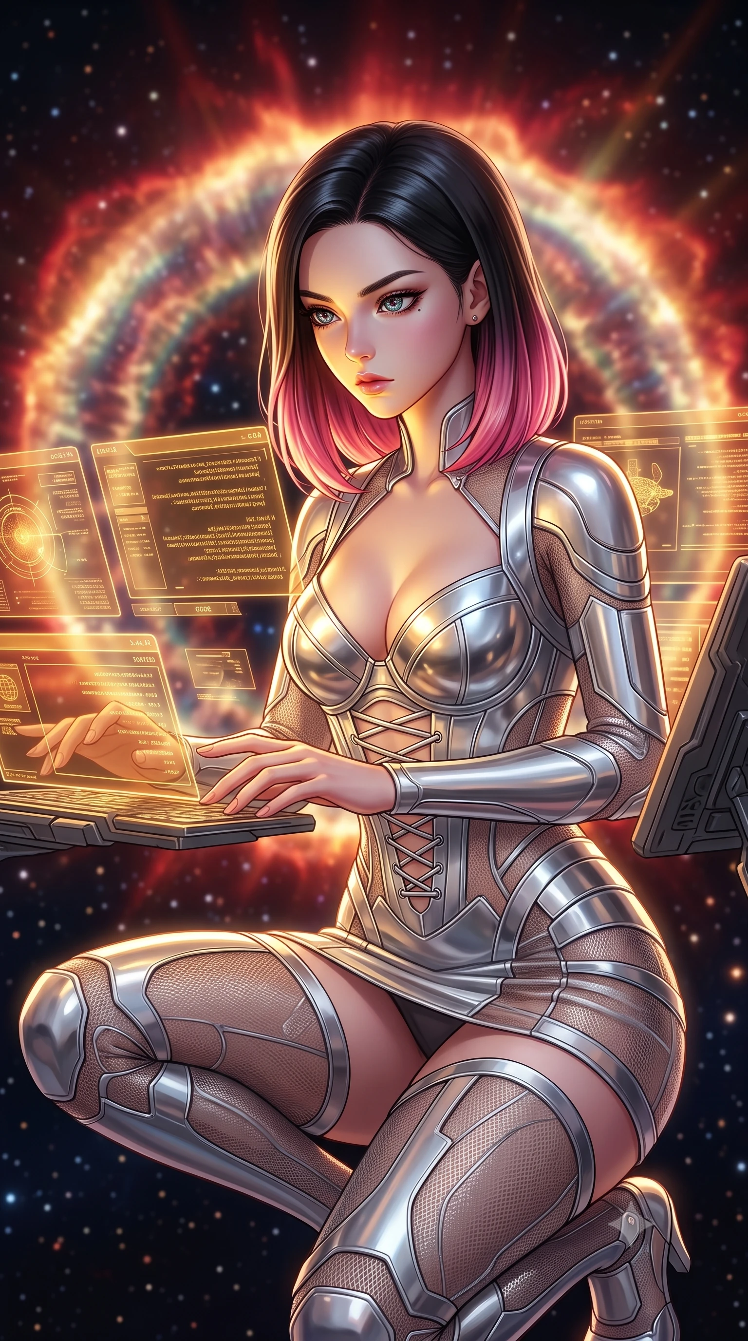 score_9, masterpiece, best quality, ultra-detailed, high-budget anime keyframe, editorial fashion photography, tasteful artistic composition, Korean woman. close-up cowboy shot from the waist and thighs up, the character dominates the composition, filling the frame with her large presence, background elements kept in soft focus. Hacking a security terminal in a low crouch, fingers moving in a blur as amber code screens surround her. set against a soft-focus background of the edge of a dying star's hypernova, a massive ring of glowing red and orange plasma expanding in space. She has an exceptionally elegant and slender, willowy female figure with an ultra-slim waist, a gracefully sculpted slender torso, and a refined slim physique. sharp v-shaped jawline, high-bridge nose, intricate jewel-like eyes with depth, thick eyelashes, glossy lips with a natural sheen. wearing tailored for maximum mobility, sleek form-contouring panels that allow fluid movement, a slim-fit deconstructed cyber-corset dress in silver chrome and see-through mesh, featuring exposed lacing and structured cups. highly saturated vibrant anime colors, intense vivid color palette, soft 3D volumetric shading, volumetric dynamic lighting, dramatic chiaroscuro with a single golden key light sculpting her silhouette. 2k, ultra detail, master piece, 9:16 ratio