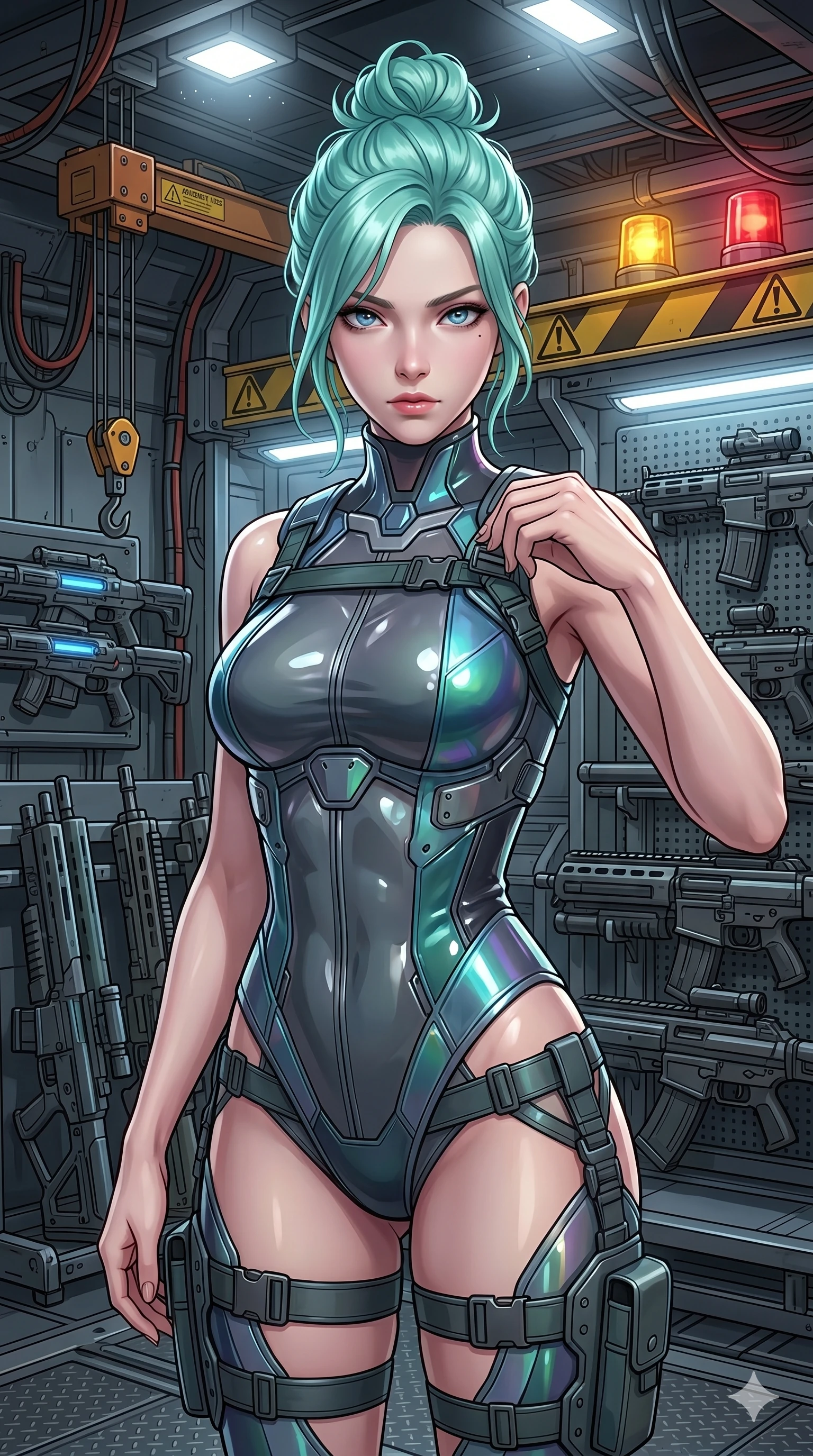 score_9, masterpiece, best quality, ultra-detailed, high-budget anime keyframe, semi-realistic 3D game render, Japanese woman. Upper body close-up from the thighs up, character filling the screen for maximum presence. Inside a weapons garage, checking a sci-fi gear set, fastening a strap on her shoulder, looking at the camera with an intense gaze. She is wearing a structured cybernetic bodice with glossy vinyl panels and tactical leg wraps. The scene is lit by bright white overhead halogen lights and yellow warning beacons. 2k, ultra detail, master piece, 9:16 ratio