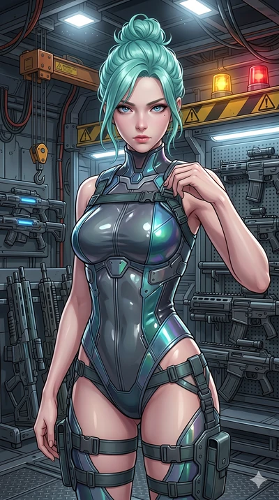 score_9, masterpiece, best quality, ultra-detailed, high-budget anime keyframe, semi-realistic 3D game render, Japanese woman. Upper body close-up from the thighs up, character filling the screen for maximum presence. Inside a weapons garage, checkin