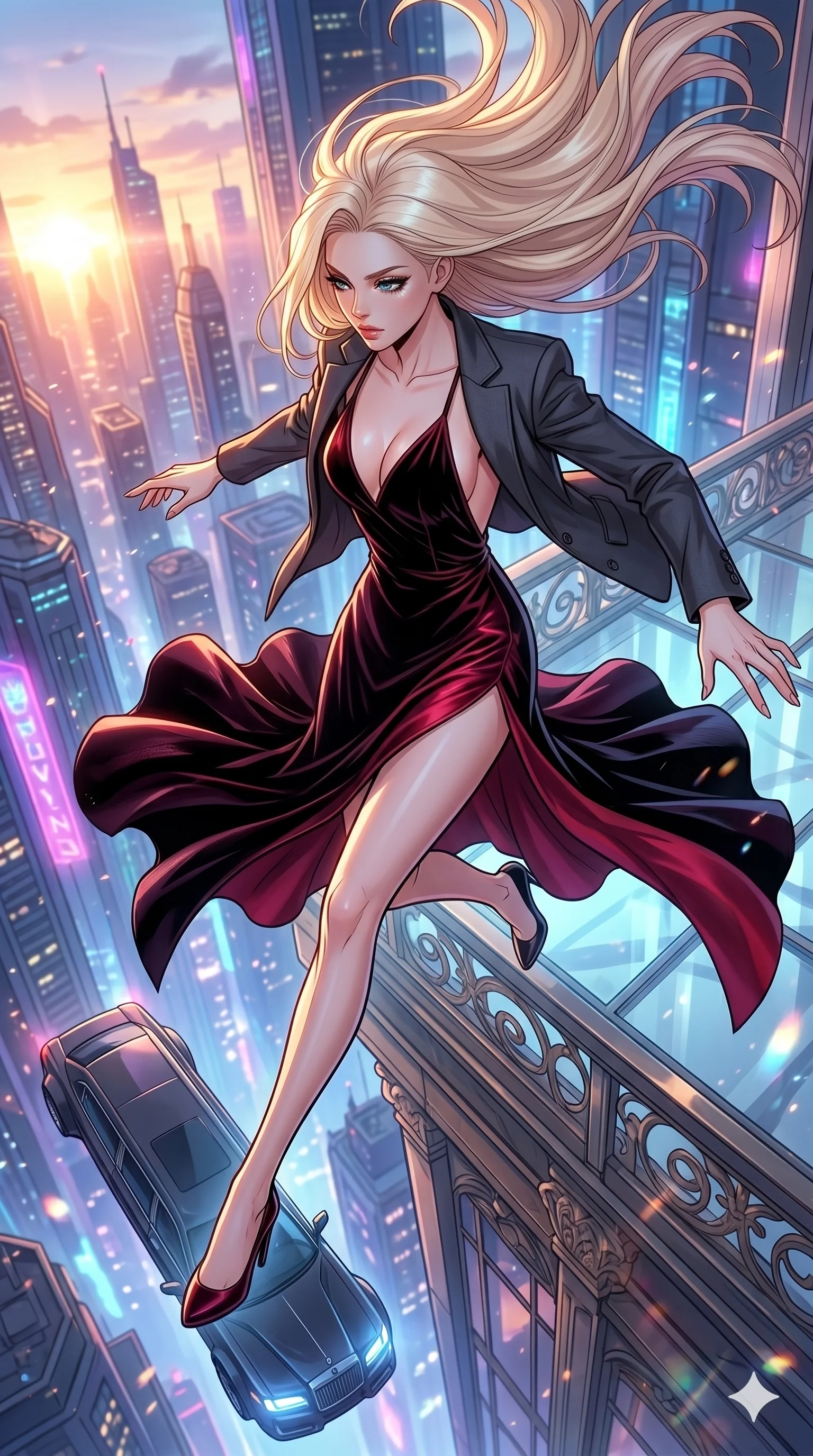 score_9, masterpiece, best quality, ultra-detailed, high-budget anime movie keyframe, cinematic anime lighting, intricate line art, Korean woman. Extreme high angle shot as she leaps towards the camera, filling the frame. leaping from a high-rise balcony into a waiting hover-limo. She has an absolutely perfect 8-heads proportion, an exceptionally tall and slender female figure with an ultra-slim waist and impossibly long slender legs. strictly human anatomy, two legs only, no extra limbs, clearly defined legs and arms, perfect anatomy, perfect hands and fingers. sharp v-shaped jawline, high-bridge nose, intricate jewel-like eyes, thick eyelashes, glossy lips. Wearing High-Fashion Editorial: Silk slip dress with high side slit, backless velvet gown, and structured blazer with nothing underneath. The scene is illuminated by dramatic atmospheric lighting and vibrant color palettes. , 2k, ultra detail, master piece, 9:16 ratio