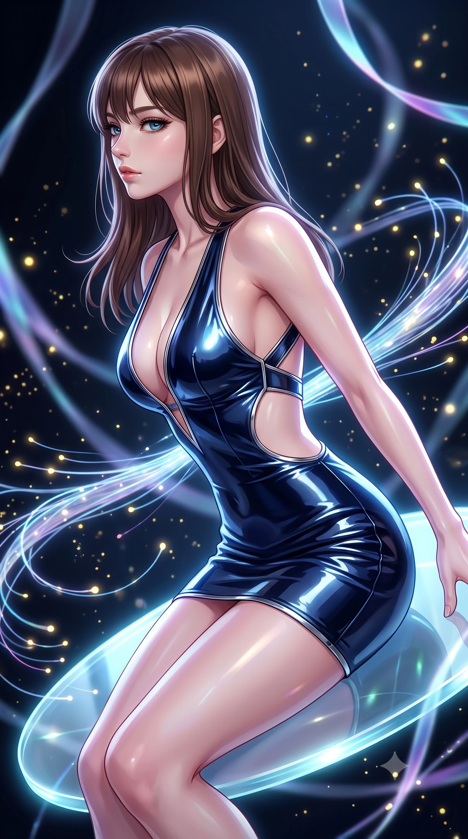 score_9, masterpiece, best quality, ultra-detailed, high-budget anime keyframe, editorial fashion photography, tasteful artistic composition, Korean woman. close-up cowboy shot from the waist and thighs up, the character dominates the composition, filling the frame with her large presence, background elements kept in soft focus. Turning her face in sharp profile while her upper body leans forward with poised athletic grace while balancing on a glowing glass disk while luminescent ribbons swirl in zero-gravity, glowing fiber optic motes drifting like fireflies in the dark background. She has an exceptionally elegant, slender, and willowy female figure with an ultra-slim waist, a gracefully sculpted slender torso, and a refined silhouette. sharp v-shaped jawline, high-bridge nose, intricate jewel-like eyes with depth, thick eyelashes, glossy lips with a natural sheen, flawlessly proportioned anatomical accuracy, natural body alignment, perfectly sculpted elegant limbs, clean dynamic posture without body distortion. wearing a liquid mercury gloss mini dress with ultra-deep V-neck and waist cutouts in midnight navy blue and chrome trim, tailored from high-gloss patent leather, complemented by criss-cross back straps highlighting her bare shoulders, the glove-like fit emphasizing her statuesque silhouette during motion. bathed in sharp geometric laser grid highlights and soft ambient fill. highly saturated vibrant anime colors, detailed shading with soft gradients, rich glossy textures, high-contrast stereoscopic depth, volumetric dynamic lighting, master piece, 9:16 ratio