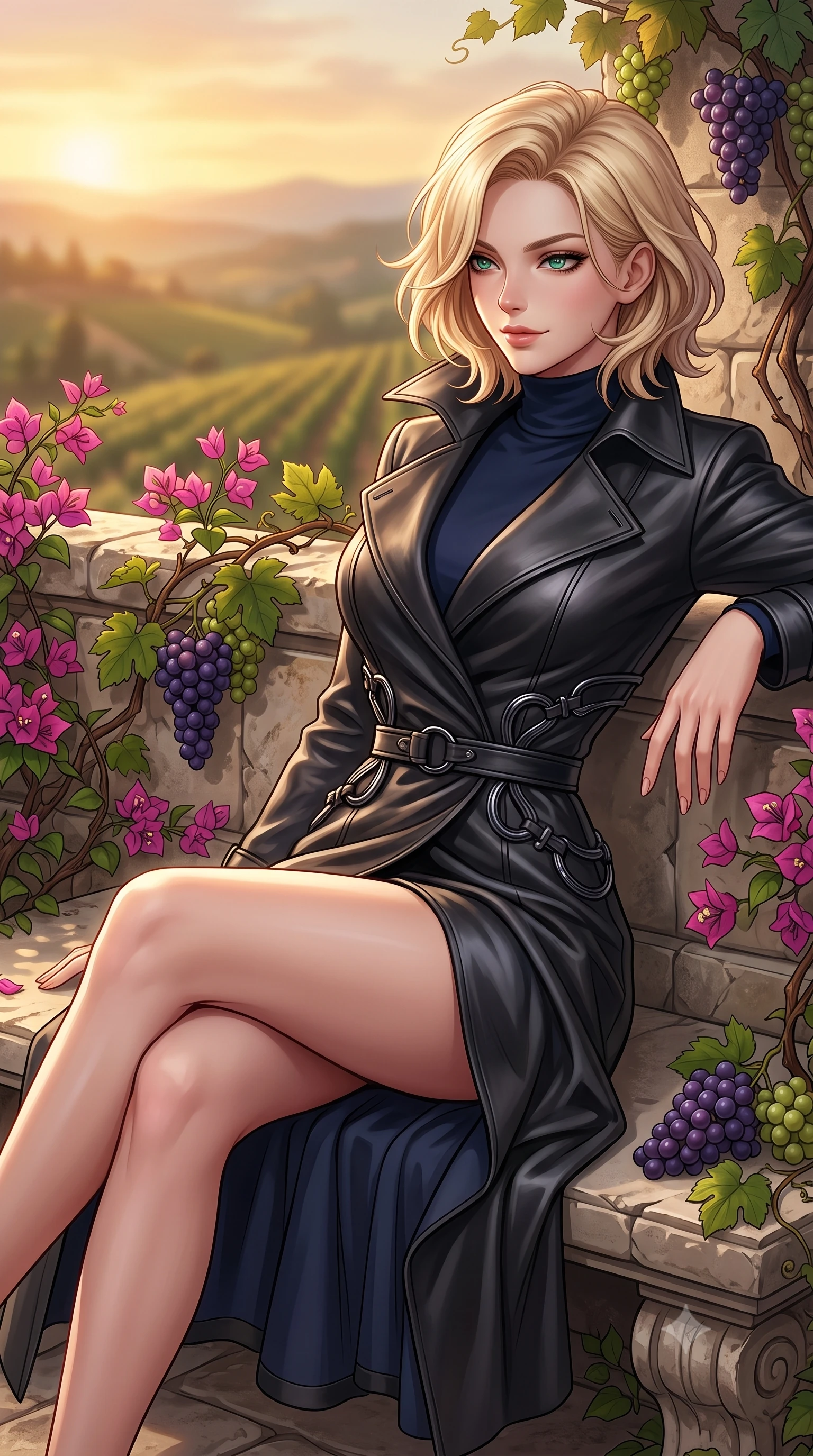 score_9, masterpiece, best quality, ultra-detailed, high-budget anime keyframe, editorial fashion photography, tasteful artistic composition, Caucasian woman. close-up cowboy shot from the waist and thighs up, the character dominates the composition, filling the frame with her large presence, background elements kept in soft focus. Glancing sidelong over her shoulder with a smoldering, enigmatic half-smile, lounging on a stone bench surrounded by climbing bougainvillea and grapevines, rolling vineyard hills fading into a warm hazy sunset horizon in soft focus. She has an exceptionally elegant, slender, and willowy female figure with an ultra-slim waist, a gracefully sculpted slender torso, and a refined silhouette. sharp v-shaped jawline, high-bridge nose, intricate jewel-like eyes with depth, thick eyelashes, glossy lips with a natural sheen. wearing structured charcoal trench dress over sleek turtleneck in midnight navy blue, made of polished black leather, trimmed with dark chrome ring hardware along the waist contours, the fitted fabric emphasizing her ultra-slim waist. illuminated by rich amber daylight and warm fill light from stone walls. highly saturated vibrant anime colors, detailed shading with soft gradients, rich glossy textures, high-contrast stereoscopic depth, volumetric dynamic lighting, master piece, 9:16 ratio