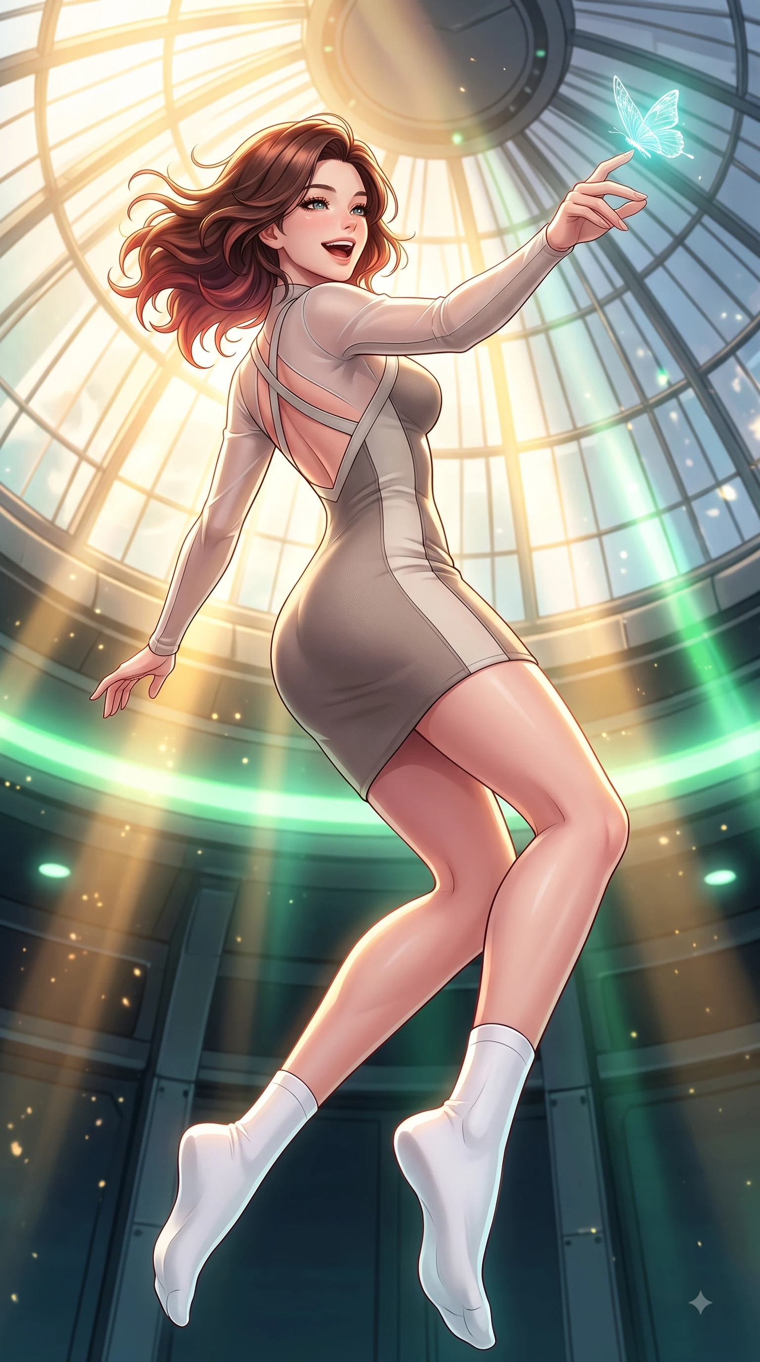 score_9, masterpiece, best quality, ultra-detailed, high-budget anime keyframe, editorial fashion photography, tasteful artistic composition, Korean woman. low angle full-body shot from head to toe showing her feet, filling the entire 9:16 vertical frame with her statuesque presence, stretching her vertical silhouette. pivoting dynamically in zero-gravity with a delighted laughing expression, displaying her perfect model proportions while reaching one hand out with a joyful smile to intercept a hovering hologram butterfly, intense volumetric sunbeams filtering through the glass dome ceiling in bright golden rays. She has an absolutely perfect, statuesque 8.5-heads proportion, an exceptionally tall and slender model-like female figure with impossibly long slender legs and an ultra-slim waist. sharp v-shaped jawline, high-bridge nose, intricate jewel-like eyes with depth, thick eyelashes, glossy lips with a natural sheen, flawlessly proportioned anatomical accuracy, natural body alignment, perfectly sculpted elegant limbs, clean dynamic posture without body distortion. wearing a sleek bodycon knit dress with strategic sheer organza sleeve panels in muted taupe and soft ivory, formed from sleek second-skin neoprene, complemented by criss-cross back straps highlighting her bare shoulders, the glove-like fit emphasizing her statuesque silhouette during motion. bathed in warm golden sunlight and bright emerald bioluminescent glow. highly saturated vibrant anime colors, detailed shading with soft gradients, rich glossy textures, high-contrast stereoscopic depth, volumetric dynamic lighting, master piece, 9:16 ratio
