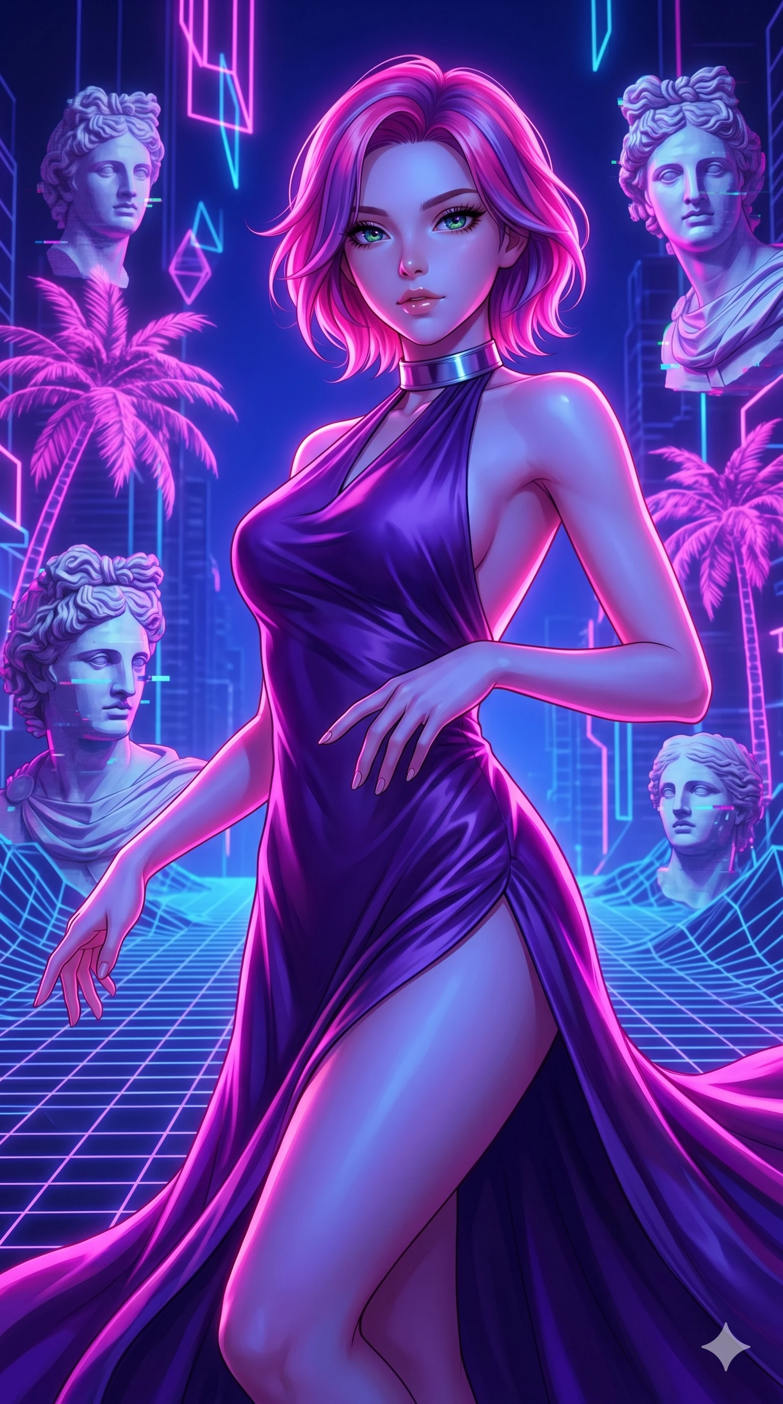 score_9, masterpiece, best quality, ultra-detailed, high-budget anime keyframe, Japanese woman. upper body close-up from the thighs up, character filling the screen for maximum presence. drifting through a holographic vaporwave oasis with floating grid floors, lo-fi marble statues, and glowing pink palms. She has an absolutely perfect 8-heads proportion, an exceptionally tall and slender female figure with impossibly long slender legs and an ultra-slim waist. V-shaped jawline, high-bridge nose, intricate jewel-like eyes with depth, thick eyelashes, glossy lips with a natural sheen.. wearing a gothic liquid silk gown, featuring a deep purple liquid silk maxi gown draped around her, secured by a metallic choker collar, with a high side slit. bathed in brilliant cinematic volumetric lighting and intense neon rim light highlighting her slender form. 2k, ultra detail, master piece, 9:16 ratio