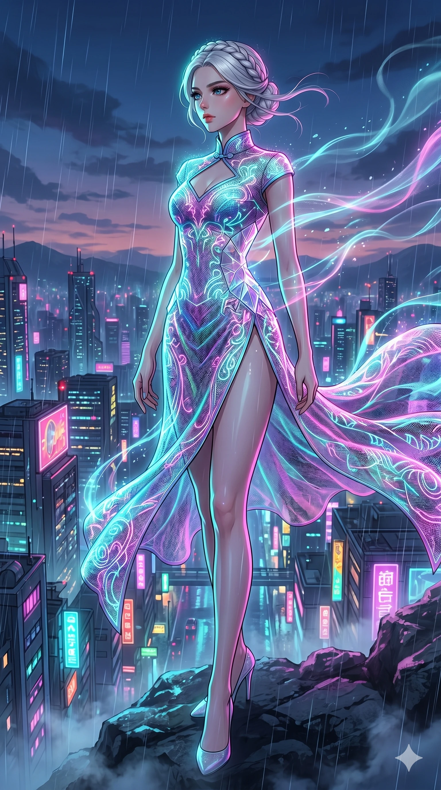 score_9, masterpiece, best quality, ultra-detailed, High-budget Anime Keyframe, vibrant colors, fluid line-art, expressive lighting, cinematic composition, Ufotable-style visual effects, top-tier animation quality, Korean woman with idol-like refined features. Cinematic low angle perspective showcasing her towering height and perfect 8-heads proportion. Listening to the ancient whispers of the wind on a high mountain peak, her hair and outfit flowing in the breeze. She has an absolutely perfect 8-heads proportion, an exceptionally tall and slender female figure with impossibly long slender legs and an ultra-slim waist, her statuesque height and towering silhouette dominating the vertical 9:16 frame. Her face is a masterpiece featuring a sharp v-shaped jawline, high-bridge nose, intricate jewel-like eyes with depth, thick eyelashes, and glossy lips with a natural sheen. She is wearing a Cyberpunk neon-lit qipao with a dangerous high slit and intricate digital embroidery crafted from Fluorescent mesh that glows brightly under neon light, highlighting her silhouette, featuring a crystalline structure that catches the light and reveals her slender frame. The scene is set in a sprawling cyberpunk metropolis in heavy rain with vibrant neon glows reflecting on every surface, illuminated by cinematic lighting with dramatic rim light that highlights her slender silhouette. 2k, ultra detail, master piece, 9:16 ratio