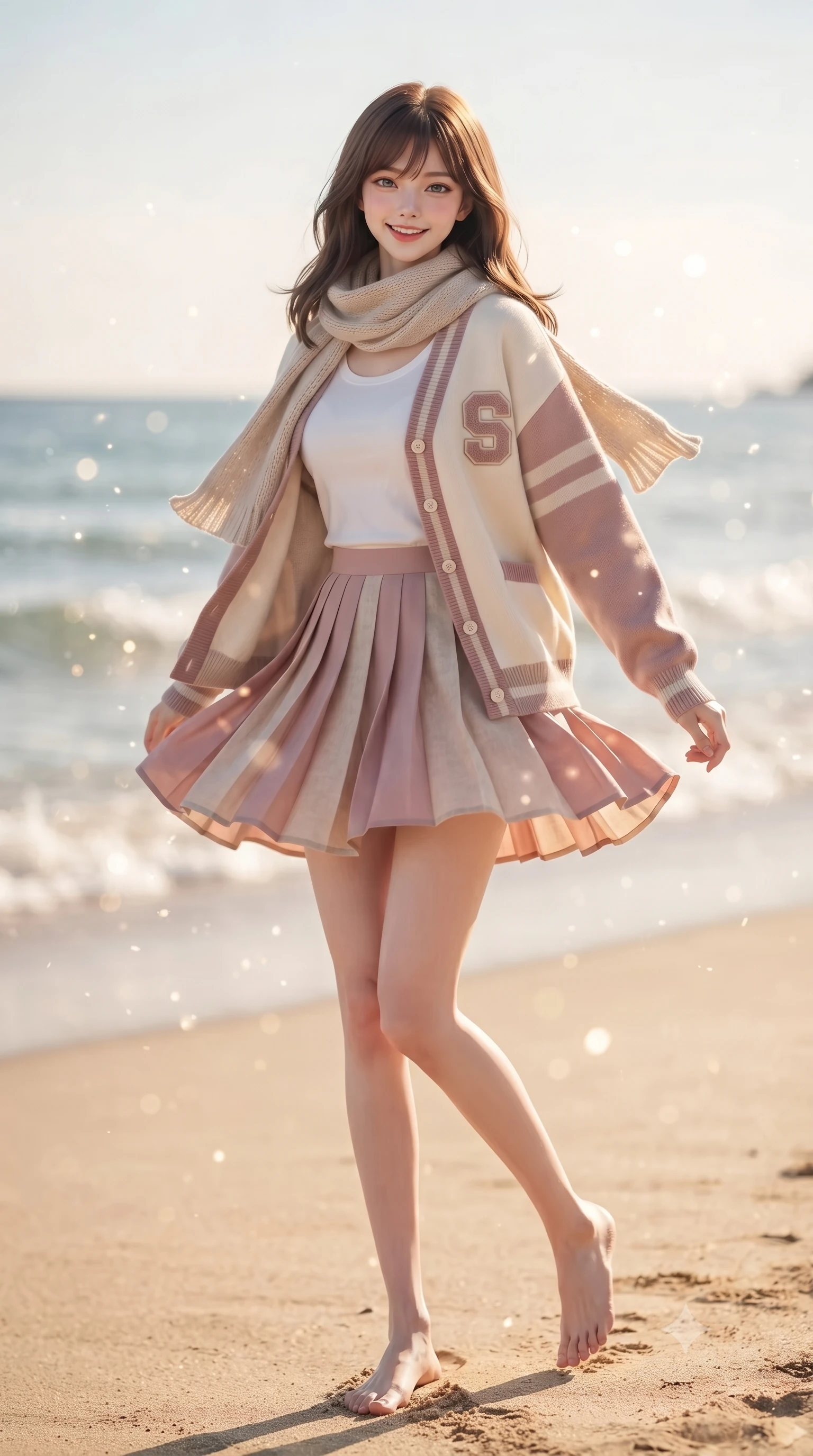 score_9, masterpiece, best quality, ultra-detailed, high-budget anime keyframe, editorial fashion photography, tasteful artistic composition, Korean woman. low angle full-body shot from head to toe showing her feet, filling the entire 9:16 vertical frame with her statuesque presence, stretching her vertical silhouette. performing a cheerful mid-motion turn with effortless poise, her skirt fluttering softly as she smiles into the camera while turning playfully as salty sea breezes flutter her dress hem and hair, exuding pure refreshing youthfulness. The composition keeps background elements in soft focus with creamy bokeh. warm beach sunlight refracting off ocean spray mist scattering shimmering light motes. She has an absolutely perfect, statuesque 8.5-heads proportion, an exceptionally tall and slender model-like female figure with impossibly long slender legs, a toned flat midriff, and an ultra-slim waist. sharp v-shaped jawline, high-bridge nose, intricate jewel-like eyes with depth, thick eyelashes, glossy lips with a natural sheen, pure and lovely fresh girlhood expression, flawlessly proportioned anatomical accuracy, strict slender model proportions, natural body alignment, perfectly sculpted long slender limbs, ultra-slim waistline, clean dynamic posture without body distortion. wearing a chic pastel varsity cardigan over a simple white scoop-neck tee and a pleated mini skirt in soft dusty rose and oatmeal beige, made of fine lightweight chiffon with a soft fluid drape, finished with a lightweight knitted scarf draped loosely around her neck, the body-hugging lightweight knit clinging delicately to her slender torso, accentuating her graceful neck and feminine lines. illuminated by crisp directional daylight defining her flawless features and slender silhouette. ultra-reflective glossy finish, specular highlights, rich natural textures, high-contrast stereoscopic depth, volumetric dynamic lighting, 2k, ultra detail, master piece, 9:16 ratio
