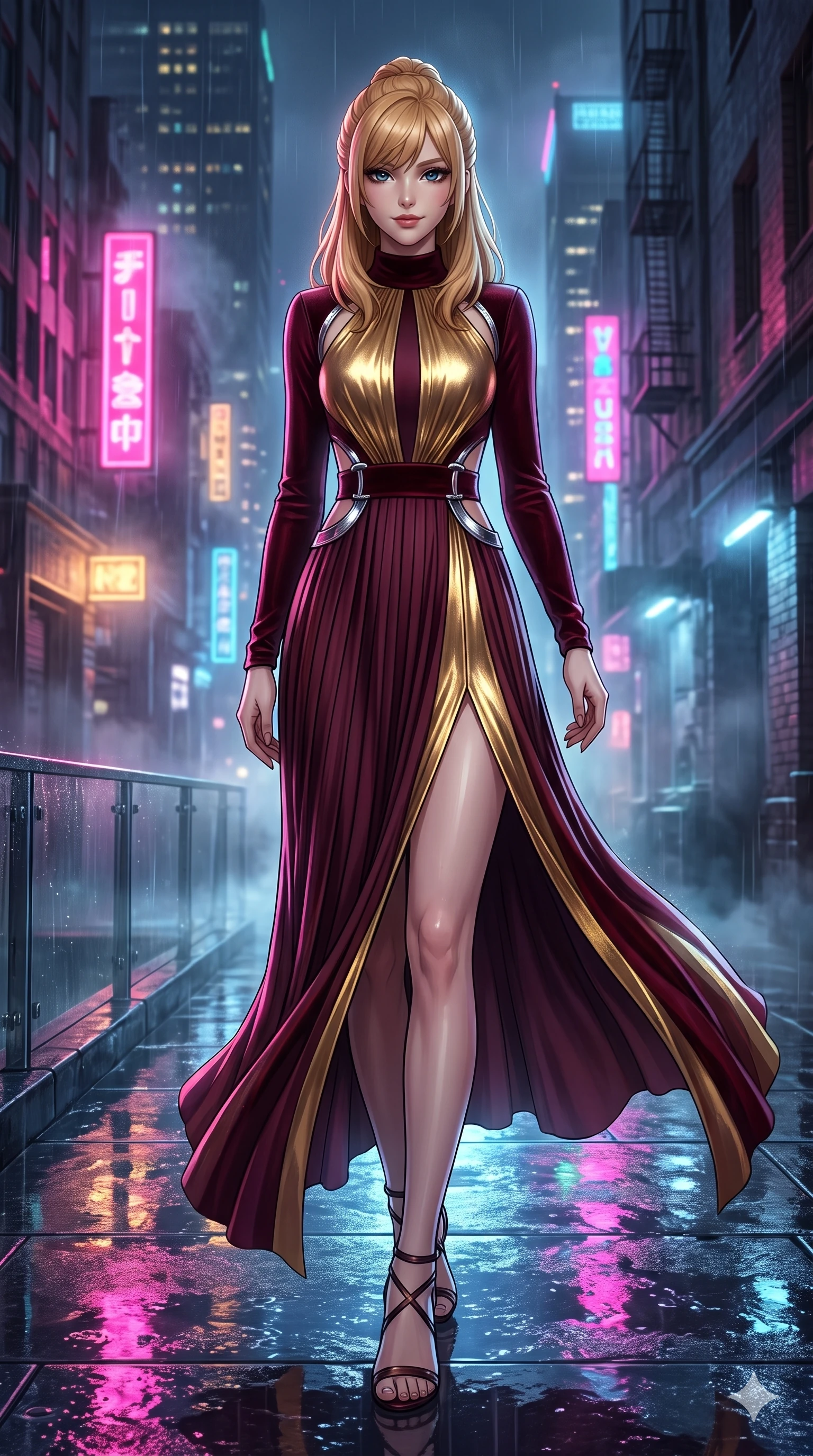 score_9, masterpiece, best quality, ultra-detailed, high-budget anime keyframe, semi-realistic 3D game render, editorial fashion photography, tasteful artistic composition, Caucasian woman. low angle full-body shot from head to toe showing her feet, filling the entire 9:16 vertical frame with her statuesque presence, stretching her vertical silhouette. striding across the rain-swept glass terrace, nocturnal breezes whipping her garments open to accentuate her long slender legs and curvy hips while stepping forward out of the misty alley shadows with hypnotic poise, hips swaying in an alluring supermodel rhythm. The surrounding environment is rendered in vivid detail and crisp panoramic clarity: detailed asymmetric metallic mini dress cling, liquid surface sheen, and gritty urban textures in razor-sharp precision. She has an exceptionally tall and slender model-like 8.5-heads proportion, an ultra-slim waist, a flat toned midriff, narrow delicate ribcage, and beautifully sculpted feminine hips creating a graceful, slim hourglass silhouette without any bulky heaviness, with impossibly long slender legs. sharp v-shaped jawline, high-bridge nose, intricate jewel-like dark sparkling eyes with dangerous depth, thick curled eyelashes, glossy parted lips with a rich wine sheen, smoldering seductive half-smile with bedroom-eyes, exuding effortless superiority and intoxicating dark allure, flawlessly proportioned anatomical accuracy, strict slender model proportions, natural body alignment, perfectly sculpted long slender limbs, ultra-slim waistline, clean dynamic posture without body distortion. wearing a refined long-sleeve velvet evening gown with high neckline and fluid pleated column skirt in deep wine burgundy and lustrous gold foil, tailored from fine lightweight midnight wool crepe with crisp architectural structure, accented with sculptural chrome hardware rings framing the subtle cutouts, the impeccably tailored cut draping gracefully along her slender figure with aristocratic noir poise. bathed in high-saturation multi-hued neon reflections bouncing off wet alley walls and glistening skin. highly saturated vibrant anime colors, detailed shading with soft gradients, rich glossy textures, high-contrast stereoscopic depth, volumetric dynamic lighting, master piece, 9:16 ratio