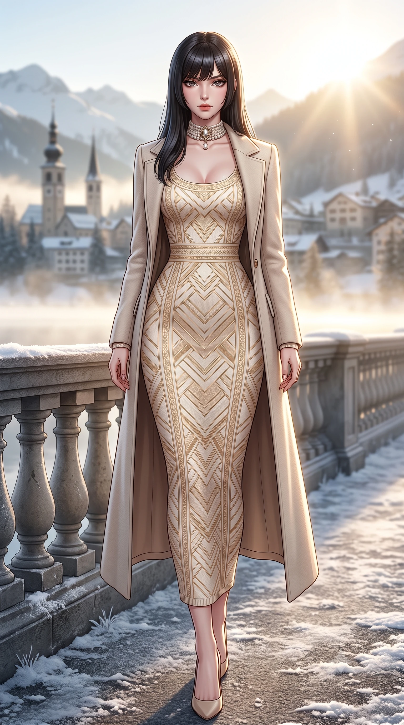 score_9, masterpiece, best quality, ultra-detailed, high-budget anime keyframe, semi-realistic 3D game render, editorial fashion photography, tasteful artistic composition, Caucasian woman. low angle full-body shot from head to toe showing her feet, filling the entire 9:16 vertical frame with her statuesque presence, stretching her vertical silhouette. standing poised beside the classical stone balustrade with one foot slightly forward, arching her lower back with regal supermodel grace while stepping forward with brisk, graceful strides on the frosted path, her long wool coat creating an impeccably slender vertical line. The background shows a soft-focus distant St. Moritz village towers softened in pristine Swiss nature shallow focus. She has an exceptionally tall and slender model-like 8.5-heads proportion, an ultra-slim waist, a flat toned midriff, narrow delicate ribcage, and beautifully sculpted feminine hips creating a graceful, slim hourglass silhouette without any bulky heaviness, with impossibly long slender legs. sharp v-shaped jawline, high-bridge nose, intricate jewel-like sparkling eyes with depth, thick eyelashes, glossy parted lips with a natural peach sheen, bright cheerful beaming smile with an enchanting and coquettish sensual glint, exuding both youthful cute charm and seductive allure, flawlessly proportioned anatomical accuracy, strict slender model proportions, natural body alignment, perfectly sculpted long slender limbs, ultra-slim waistline, clean dynamic posture without body distortion. wearing a form-contouring Art Deco geometric patterned knit bodycon dress hugging her slender frame with golden thread accents in soft champagne ivory and warm biscuit beige, made of high-gauge compact silk knit that hugs her curves with seamless sculpted precision, complemented by an antique baroque pearl choker accentuating her delicate neck and collarbones, the form-contouring silhouette accentuating her sculpted flat midriff, narrow delicate ribcage, and gracefully curvy hips with intoxicating allure. bathed in crisp, sparkling morning sun breaking over mountain crests, illuminating lake mist with ethereal golden backlighting. highly saturated vibrant anime colors, detailed shading with soft gradients, rich glossy textures, high-contrast stereoscopic depth, volumetric dynamic lighting, master piece, 9:16 ratio