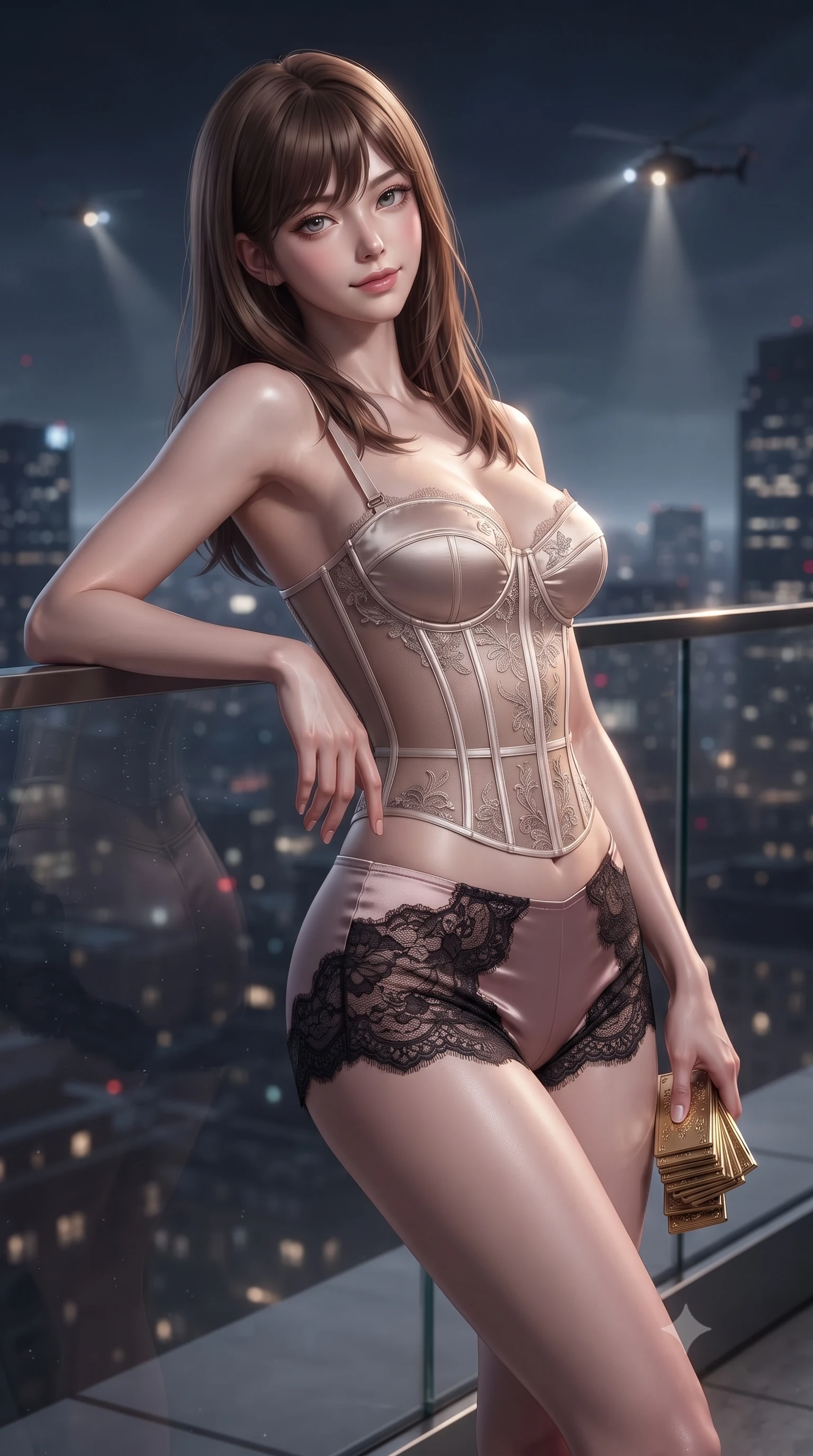 score_9, masterpiece, best quality, ultra-detailed, high-budget anime keyframe, editorial fashion photography, tasteful artistic composition, Korean woman. close-up cowboy shot from the waist and thighs up, the character dominates the composition, filling the frame with her large presence. leaning back against the balustrade with relaxed seductive grace, head tilted back slightly while casting a hypnotic, heavy-lidded gaze while leaning against the perimeter wind barrier with hips cocked back, looking back into the camera with an intoxicating bedroom-gaze. The background shows a soft-focus helicopter approach lights softened in dramatic atmospheric shallow focus. She has an exceptionally elegant, slender, and willowy female figure with an ultra-slim waist, flat toned midriff, narrow ribcage, and sculpted feminine hips creating an alluring, slim hourglass silhouette without bulk. sharp v-shaped jawline, high-bridge nose, sparkling eyes with hypnotic seductive depth, thick curled eyelashes, glossy parted lips with a natural dewy peach sheen, alluring bedroom-eyes with an enchanting coquettish smile, exuding magnetic siren charisma and sophisticated glamour, flawlessly proportioned anatomical accuracy, strict slender model proportions, natural body alignment, perfectly sculpted long slender limbs, ultra-slim waistline, clean dynamic posture without body distortion. wearing a structured boned satin corset bodice with sheer illusion side panels paired with low-waisted tailored micro-shorts in dusky blush rose and antique black chantilly lace, made of sheer gossamer chiffon that drapes softly against skin with airy translucence, accented with a stack of engraved gold casino plaques held loosely in one hand, the second-skin tailored fabric adhering flawlessly to her sculpted flat midriff and slender torso, emphasizing her long leg lines and perfectly proportioned willowy build. illuminated by puddle specular bounce and sharp platinum-gold rim lights defining her delicate clavicles, narrow waist, and curvy hips. ultra-reflective glossy finish, specular highlights, rich textural contrasts, high-contrast stereoscopic depth, volumetric dynamic lighting, 2k, ultra detail, master piece, 9:16 ratio