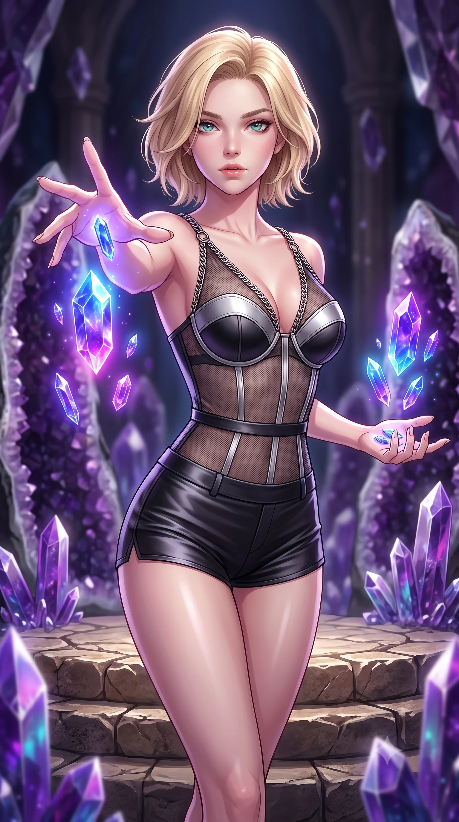score_9, masterpiece, best quality, ultra-detailed, high-budget anime keyframe, editorial fashion photography, tasteful artistic composition, Caucasian woman. close-up cowboy shot from the waist and thighs up, the character dominates the composition, filling the frame with her large presence, background elements kept in soft focus. Reaching one hand gracefully toward the viewer with effortless superiority and allure guiding floating sapphire light crystals inside a deep mineral sanctuary, sharp crystalline reflections creating an opulent, jewel-like ambience. She has an exceptionally elegant, slender, and willowy female figure with an ultra-slim waist, a gracefully sculpted slender torso, and a refined silhouette. sharp v-shaped jawline, high-bridge nose, intricate jewel-like eyes with depth, thick eyelashes, glossy lips with a natural sheen. wearing a delicate see-through mesh top with structured cup boning and micro-shorts in matte black and polished silver, crafted from lustrous satin jersey with fluid draping, adorned with delicate metallic chain straps along the neckline, the tailored fabric tightly following every curve of her athletic build. illuminated by radiant purple, magenta, and cyan crystal inner glow. highly saturated vibrant anime colors, detailed shading with soft gradients, rich glossy textures, high-contrast stereoscopic depth, volumetric dynamic lighting, master piece, 9:16 ratio