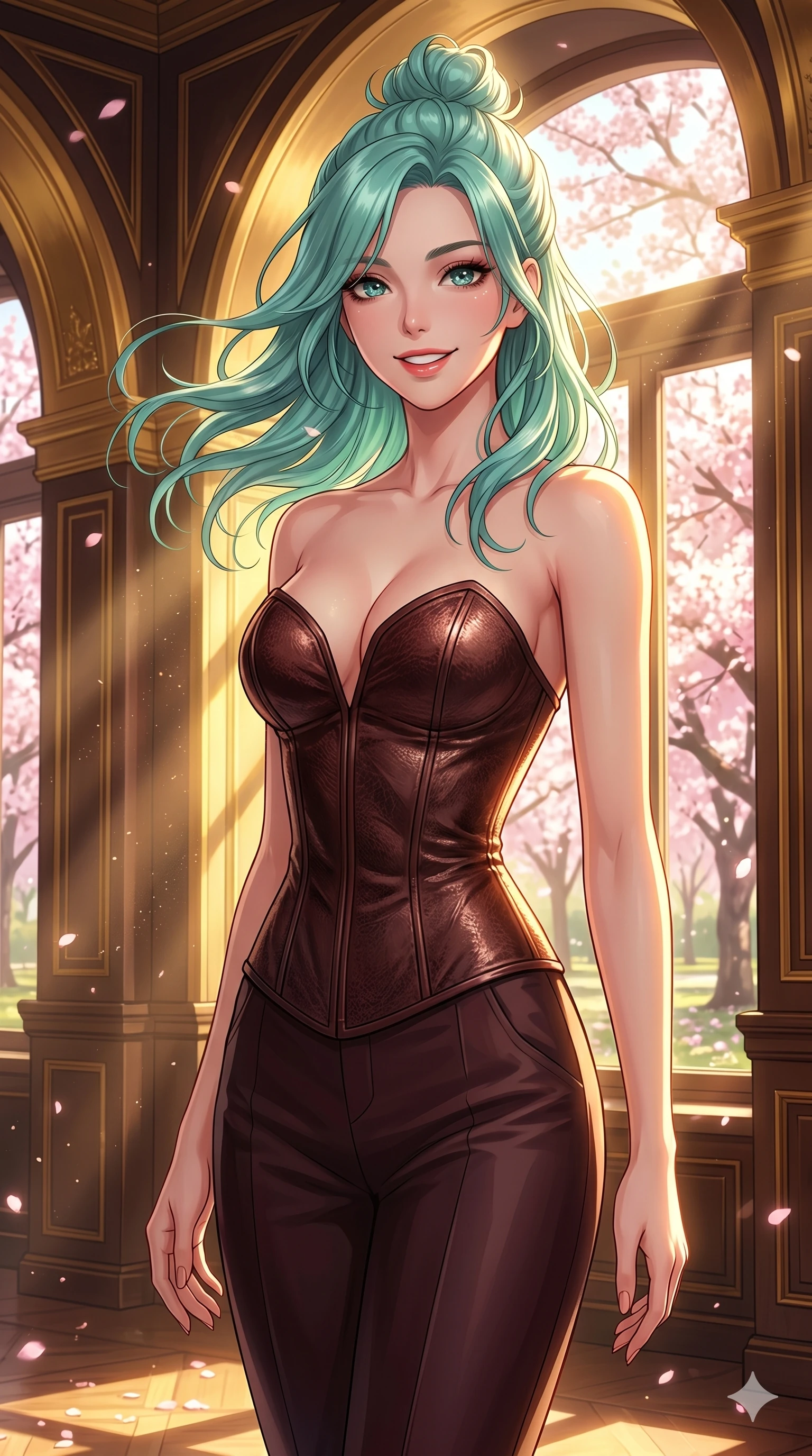 score_9, masterpiece, best quality, ultra-detailed, high-budget anime keyframe, vibrant anime aesthetic, Japanese woman. cowboy shot from the thighs up, character and outfit filling the frame for maximum presence. She is standing tall with a lively smile, her hair blowing gently in the spring breeze inside a premium lounge with golden sunbeams (Code-P20-183). She has an absolutely perfect 8-heads proportion, an exceptionally tall and slender female figure with impossibly long slender legs and an ultra-slim waist. V-shaped jawline, high-bridge nose, intricate jewel-like eyes with depth, thick eyelashes, glossy lips with a natural sheen. wearing a leather corset with sweetheart neckline revealing her cleavage. She is illuminated by the bright, warm glow of the sun reflecting off the cherry blossom petals. 2k, ultra detail, master piece, 9:16 ratio