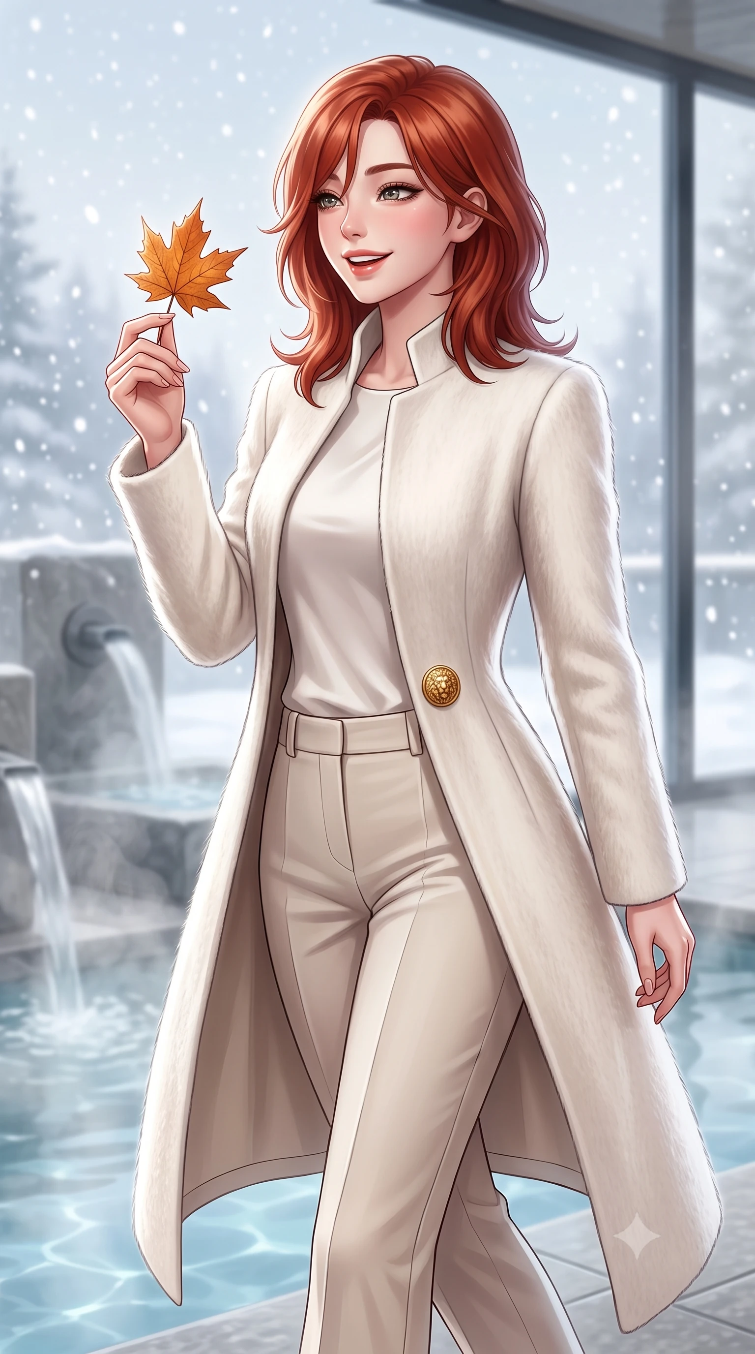 score_9, masterpiece, best quality, ultra-detailed, high-budget anime keyframe, semi-realistic 3D game render, editorial fashion photography, tasteful artistic composition, Korean woman. close-up cowboy shot from the waist and thighs up, the character dominates the composition, filling the frame with her large presence. holding a single autumn leaf delicately between manicured fingers, admiring it with a cheerful, parted-lip smile while walking past steaming indoor hydrotherapy fountains toward the glass wall looking out at falling snow, turning with radiant poise. The background shows a soft-focus minimalist stone water features softened in peaceful Swiss alpine wellness sanctuary shallow focus. She has an exceptionally elegant, slender, and willowy female figure with an ultra-slim waist, flat toned midriff, narrow ribcage, and sculpted feminine hips creating an alluring, slim hourglass silhouette without bulk. sharp v-shaped jawline, high-bridge nose, intricate jewel-like sparkling eyes with depth, thick eyelashes, glossy parted lips with a natural peach sheen, bright cheerful beaming smile with an enchanting and coquettish sensual glint, exuding both youthful cute charm and seductive allure, flawlessly proportioned anatomical accuracy, strict slender model proportions, natural body alignment, perfectly sculpted long slender limbs, ultra-slim waistline, clean dynamic posture without body distortion. wearing a stand-collar tailored linen-silk coat layered over a minimalist silk tunic and straight-leg pressed trousers in Swiss alpine snow white and oat cashmere, woven from plush alpaca yarn with a cloud-like fuzzy texture and soft halo, accented with an ornate 24k gold lion-embossed crest button along the front closure, the sharp shoulder tailoring and gently nipped waist framing her slender torso with pristine sartorial perfection. illuminated by thermal pool surface caustics and soft pearlescent rim lights accentuating her sharp jawline and slender hourglass silhouette. highly saturated vibrant anime colors, detailed shading with soft gradients, rich glossy textures, high-contrast stereoscopic depth, volumetric dynamic lighting, master piece, 9:16 ratio