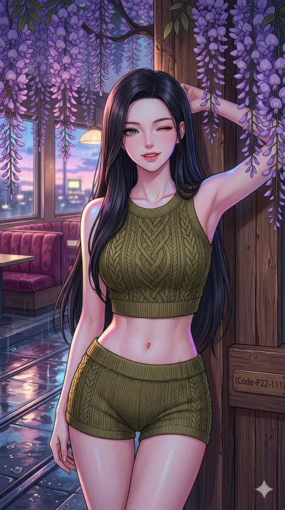 score_9, masterpiece, best quality, ultra-detailed, high-budget anime keyframe, vibrant anime aesthetic, Korean woman. close-up cowboy shot from the waist and thighs up, the character dominates the composition, filling the frame with her large presen