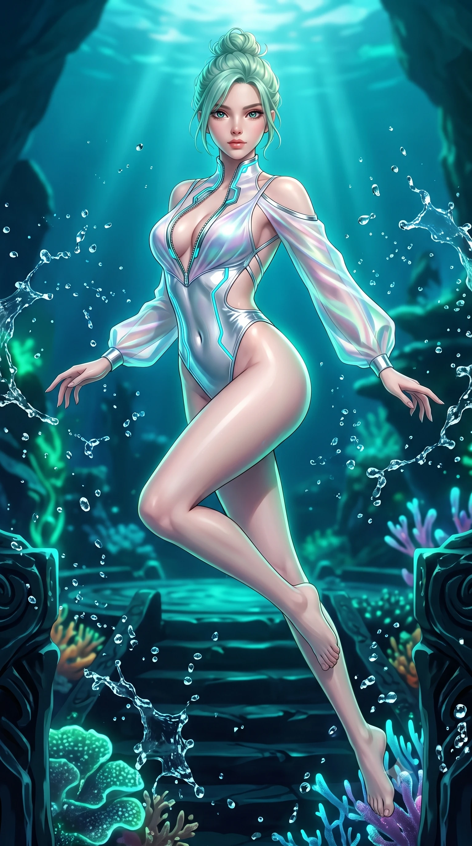 score_9, masterpiece, best quality, ultra-detailed, high-budget anime keyframe, semi-realistic 3D game render, editorial fashion photography, tasteful artistic composition, Japanese woman. low angle full-body shot from head to toe showing her feet, filling the entire 9:16 vertical frame with her statuesque presence, stretching her vertical silhouette. leaping through mid-air with an athletic yet alluring arch of her spine, her impossibly long slender legs stretched in flawless poise while stretching forward with an alluring S-curve silhouette as deep ocean caustics illuminate her torso. The surrounding environment is rendered in vivid detail and crisp panoramic clarity. sharp water droplet splashes, obsidian dais carvings, and glowing sea-coral textures captured in high clarity. She has an absolutely perfect, statuesque 8.5-heads proportion, an exceptionally tall and slender model-like female figure with impossibly long slender legs and an ultra-slim waist. sharp v-shaped jawline, high-bridge nose, intricate jewel-like eyes with depth, thick eyelashes, glossy lips with a natural sheen, flawlessly proportioned anatomical accuracy, natural body alignment, perfectly sculpted elegant limbs, clean dynamic posture without body distortion. wearing a liquid chrome micro-bodysuit sculpted tightly to her figure, featuring razor-thin metallic straps and an open back in pure snow white latex and glowing cyan circuit seams, made of smooth iridescent silk chiffon that shifts colors with movement, featuring a dangerously unzipped neckline framed by glowing cybernetic accents, the daring cutouts accentuating her delicate midriff, graceful collarbones, and feminine contour. bathed in deep aquamarine and glowing emerald bioluminescent rim lighting with crisp water refractions. highly saturated vibrant anime colors, detailed shading with soft gradients, rich glossy textures, high-contrast stereoscopic depth, volumetric dynamic lighting, master piece, 9:16 ratio
