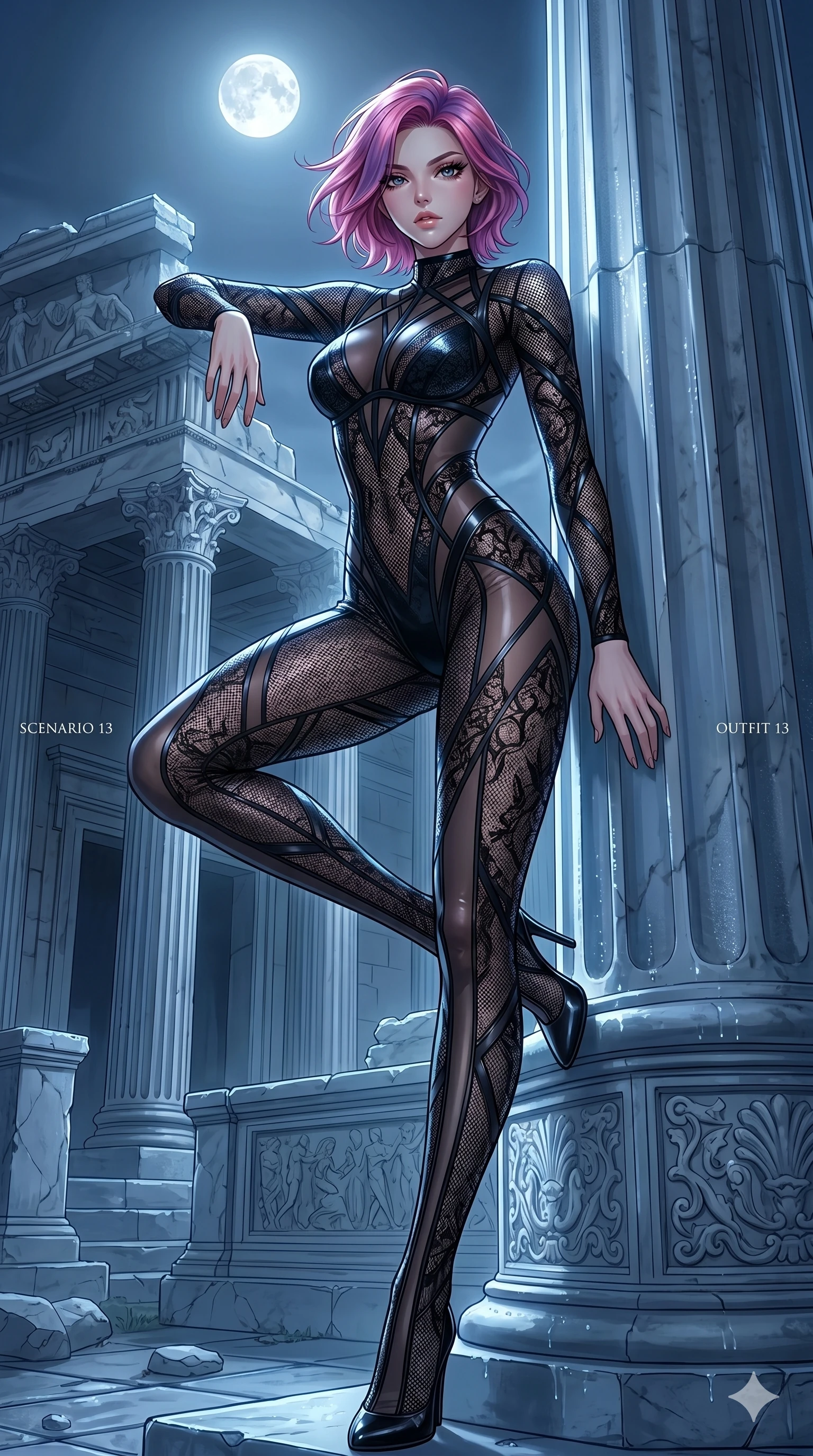 score_9, masterpiece, best quality, ultra-detailed, High-budget Anime Keyframe, East Asian woman. Low angle cowboy shot filling the entire 9:16 frame with her statuesque presence. Scenario 13: Leaning against a cold marble pillar in a moonlit greek temple. Her presence is magnetic and overpowering in this high-budget anime scene. Outfit 13: A micro-mesh lace liquid with a sheer panels and tight-fitting silhouette. The clothing is designed to emphasize her exceptionally tall and slender 8-heads proportion. 8-heads proportion, towering silhouette, ultra-slim waist. sharp v-shaped jawline, intricate jewel-like eyes with depth, thick eyelashes, glossy lips. 2k, ultra detail, master piece, 9:16 ratio