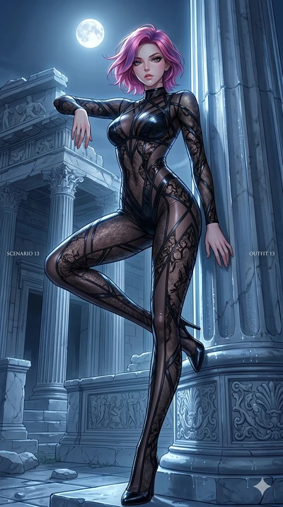 score_9, masterpiece, best quality, ultra-detailed, High-budget Anime Keyframe, East Asian woman. Low angle cowboy shot filling the entire 9:16 frame with her statuesque presence. Scenario 13: Leaning against a cold marble pillar in a moonlit greek t