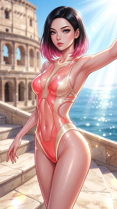 score_9, masterpiece, best quality, ultra-detailed, high-budget anime keyframe, semi-realistic 3D game render, editorial fashion photography, tasteful artistic composition, Korean woman. close-up cowboy shot from the waist and thighs up, the characte