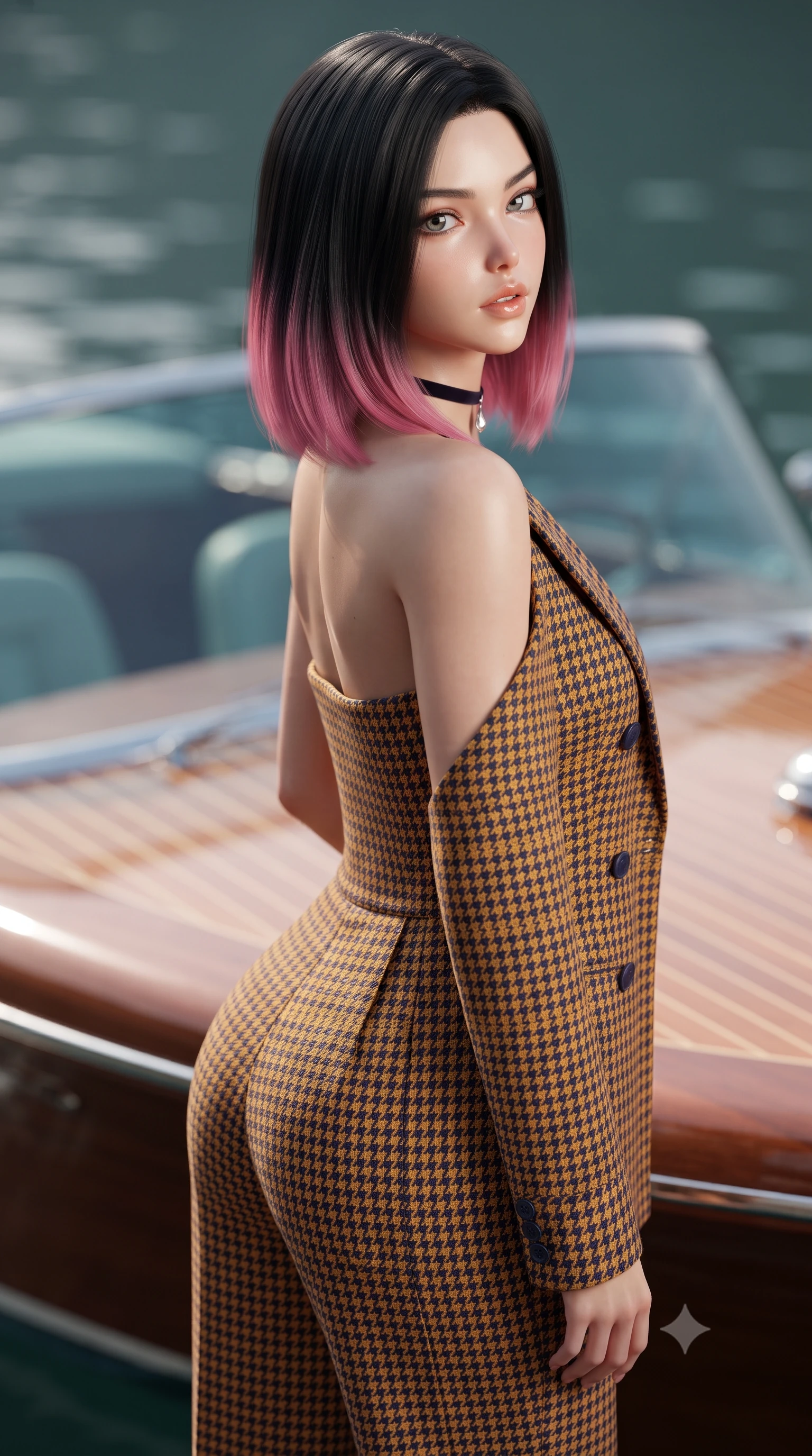 score_9, masterpiece, best quality, ultra-detailed, high-budget anime keyframe, editorial fashion photography, tasteful artistic composition, Korean woman. close-up cowboy shot from the waist and thighs up, the character dominates the composition, filling the frame with her large presence. posing in an alluring rear three-quarter angle, looking over a bare shoulder with parted glossy lips, her hips cocked back to highlight her slim hourglass curve while standing poised on the polished nautical mahogany sundeck beside a vintage Riva wooden runabout speedboat, arching her spine with effortless supermodel poise as Alpine breezes rustle. The background shows a soft-focus vintage mahogany speedboat windshield reflections softened in exclusive Bavarian lakeside shallow focus. She has an exceptionally elegant, slender, and willowy female figure with an ultra-slim waist, flat toned midriff, narrow ribcage, and sculpted feminine hips creating an alluring, slim hourglass silhouette without bulk. sharp v-shaped jawline, high-bridge nose, intricate jewel-like sparkling eyes with depth, thick eyelashes, glossy parted lips with a natural peach sheen, bright cheerful beaming smile with an enchanting and coquettish sensual glint, exuding both youthful cute charm and seductive allure, flawlessly proportioned anatomical accuracy, strict slender model proportions, natural body alignment, perfectly sculpted long slender limbs, ultra-slim waistline, clean dynamic posture without body distortion. wearing a tailored Andalusian equestrian double-breasted tweed cape blazer paired with pleated wool trousers in Seville orange blossom gold and midnight moorish indigo, crafted from bespoke double-faced cashmere with an exceptionally soft tactile finish, finished with a thin velvet ribbon choker and a single teardrop diamond pendant, the impeccably tailored cut draping gracefully along her slender figure with aristocratic poise. illuminated by lake water surface specular bounce and sharp honey-gold rim lights sculpting her jawline, narrow waist, and curvy hips. ultra-reflective glossy finish, specular highlights, rich textural contrasts, high-contrast stereoscopic depth, volumetric dynamic lighting, 2k, ultra detail, master piece, 9:16 ratio