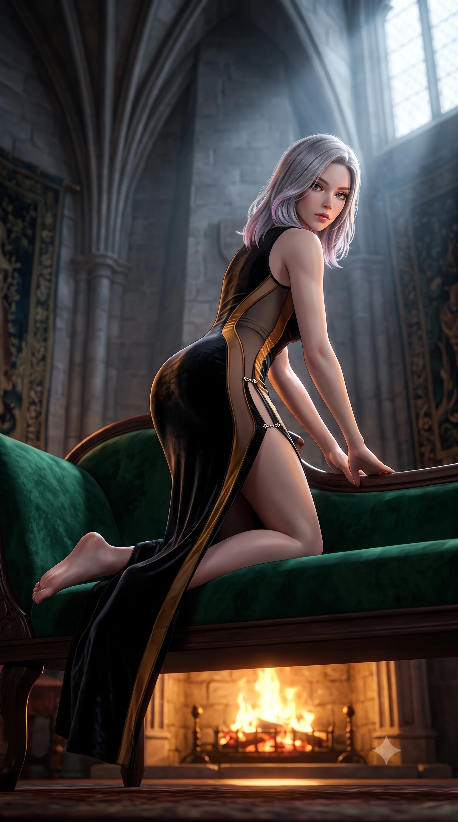 score_9, masterpiece, best quality, ultra-detailed, high-budget anime keyframe, semi-realistic 3D game render, editorial fashion photography, tasteful artistic composition, Caucasian woman. low angle full-body shot from head to toe showing her feet, filling the entire 9:16 vertical frame with her statuesque presence, stretching her vertical silhouette. posing with back turned slightly to the lens, glancing back with smoldering allure as she arches her lower back to emphasize her sculpted feminine hips and slender waist while reclining across a deep emerald velvet chaise lounge propped on one elbow, her slender waist and curved hips sculpted by warm hearth fire chiaroscuro. The composition keeps background elements in soft focus with creamy bokeh. towering gothic stone rib vaults and heavy velvet tapestries softened in moody shallow focus. She has an exceptionally tall and slender model-like 8.5-heads proportion, an ultra-slim waist, a flat toned midriff, narrow delicate ribcage, and beautifully sculpted feminine hips creating a graceful, slim hourglass silhouette without any bulky heaviness, with impossibly long slender legs. sharp v-shaped jawline, high-bridge nose, intricate jewel-like eyes with depth, thick eyelashes, glossy parted lips with a natural sheen, intensely captivating and seductive bedroom-eyes expression, flawlessly proportioned anatomical accuracy, strict slender model proportions, natural body alignment, perfectly sculpted long slender limbs, ultra-slim waistline, clean dynamic posture without body distortion. wearing a second-skin black silk jersey maxi dress with asymmetrical sheer mesh side panels tracing the full curve of her hip in molten amber-gold and dark gunmetal, crafted from heavyweight crushed silk velvet with liquid vintage luster, finished with an ultra-high side slit secured by miniature jeweled clasps, the second-skin form-contouring cut accentuating her sculpted flat midriff, narrow delicate ribcage, and gracefully curvy hips with supermodel precision. bathed in roaring stone hearth firelight from below and cool misty daylight streaming from towering castle windows. highly saturated vibrant anime colors, detailed shading with soft gradients, rich glossy textures, high-contrast stereoscopic depth, volumetric dynamic lighting, master piece, 9:16 ratio