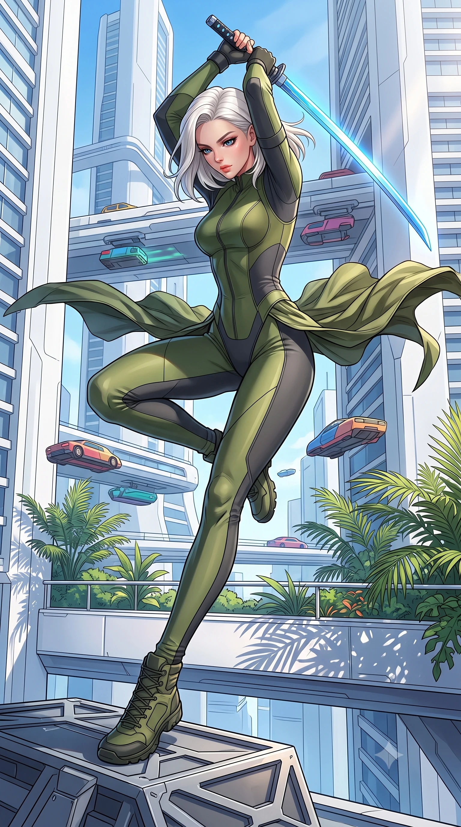 score_9, masterpiece, best quality, ultra-detailed, high-budget anime keyframe, editorial fashion photography, tasteful artistic composition, Caucasian woman, strictly human ears. low angle full-body shot from head to toe showing her feet, filling the entire 9:16 vertical frame with her statuesque presence, stretching her vertical silhouette. leaping aggressively down onto an enemy platform with her energy blade drawn to strike within a balcony park suspended between two white skyscrapers, looking down at layers of hover-traffic paths. She has a statuesque 8.5-heads proportion, an exceptionally tall, slender and willowy model-like build with impossibly long legs and a highly sculpted ultra-slim waist. sharp v-shaped jawline, high-bridge nose, intricate jewel-like eyes with depth, thick eyelashes, glossy lips with a natural sheen. wearing the lightweight fabric rippling and billowing dramatically with her movement, a form-contouring body-hugging tactical bodysuit in olive green and charcoal, with form-contouring side panels that emphasize her waist. highly saturated vibrant anime colors, intense vivid color palette, soft 3D volumetric shading, volumetric dynamic lighting, morning sunlight casting crisp shadows through tropical foliage and white frames. 2k, ultra detail, master piece, 9:16 ratio