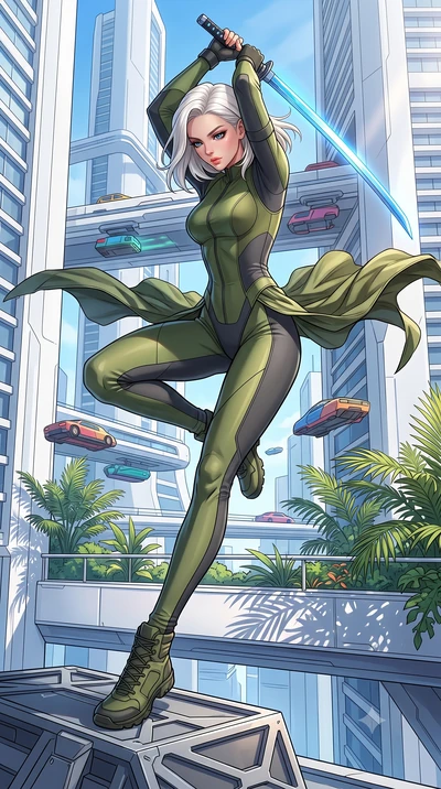 score_9, masterpiece, best quality, ultra-detailed, high-budget anime keyframe, editorial fashion photography, tasteful artistic composition, Caucasian woman, strictly human ears. low angle full-body shot from head to toe showing her feet, filling th