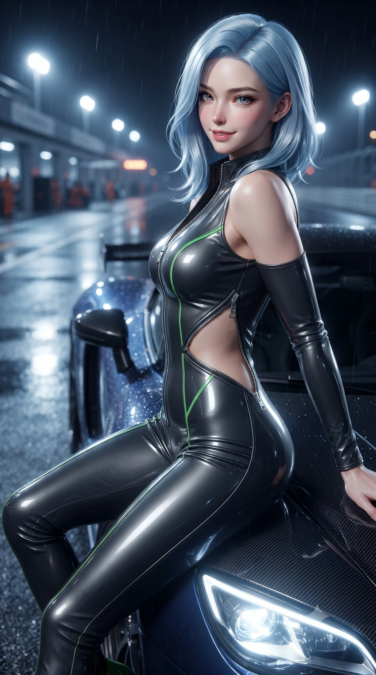 score_9, masterpiece, best quality, ultra-detailed, high-budget anime keyframe, editorial fashion photography, tasteful artistic composition, Korean woman. close-up cowboy shot from the waist and thighs up, the character dominates the composition, filling the frame with her large presence. turning over a bare shoulder with an intoxicating, teasing smile, her soft hair framing her sharp jawline as she looks back while sitting poised on the glossy carbon-fiber hood of a midnight hypercar, one leg extended and torso angled back with seductive confidence. The composition keeps background elements in soft focus with creamy bokeh. rain-slicked asphalt reflections and turbo exhaust sparks scattering vivid chromatic light motes. She has an exceptionally elegant, slender, and willowy female figure with an ultra-slim waist, a gracefully sculpted slender torso, toned flat midriff, and a refined slim silhouette. sharp v-shaped jawline, high-bridge nose, intricate jewel-like eyes with depth, thick eyelashes, glossy parted lips with a natural sheen, intensely captivating and seductive expression, flawlessly proportioned anatomical accuracy, strict slender model proportions, natural body alignment, perfectly sculpted long slender limbs, ultra-slim waistline, clean dynamic posture without body distortion. wearing a high-gloss patent leather racing catsuit with an open front zipper and high stand collar in dark carbon grey and laser green accents, crafted from compression knit fabric sculpting her athletic hourglass lines, accented with diagonal metal zippers running across the side-waist cutouts, the sleek tactical cut tightly hugging her graceful clavicle, narrow waist, and athletic curves with statuesque precision. bathed in high-intensity xenon hypercar headlights and neon pitlane floodlights. ultra-reflective glossy finish, specular highlights, rich textural contrasts, high-contrast stereoscopic depth, volumetric dynamic lighting, 2k, ultra detail, master piece, 9:16 ratio