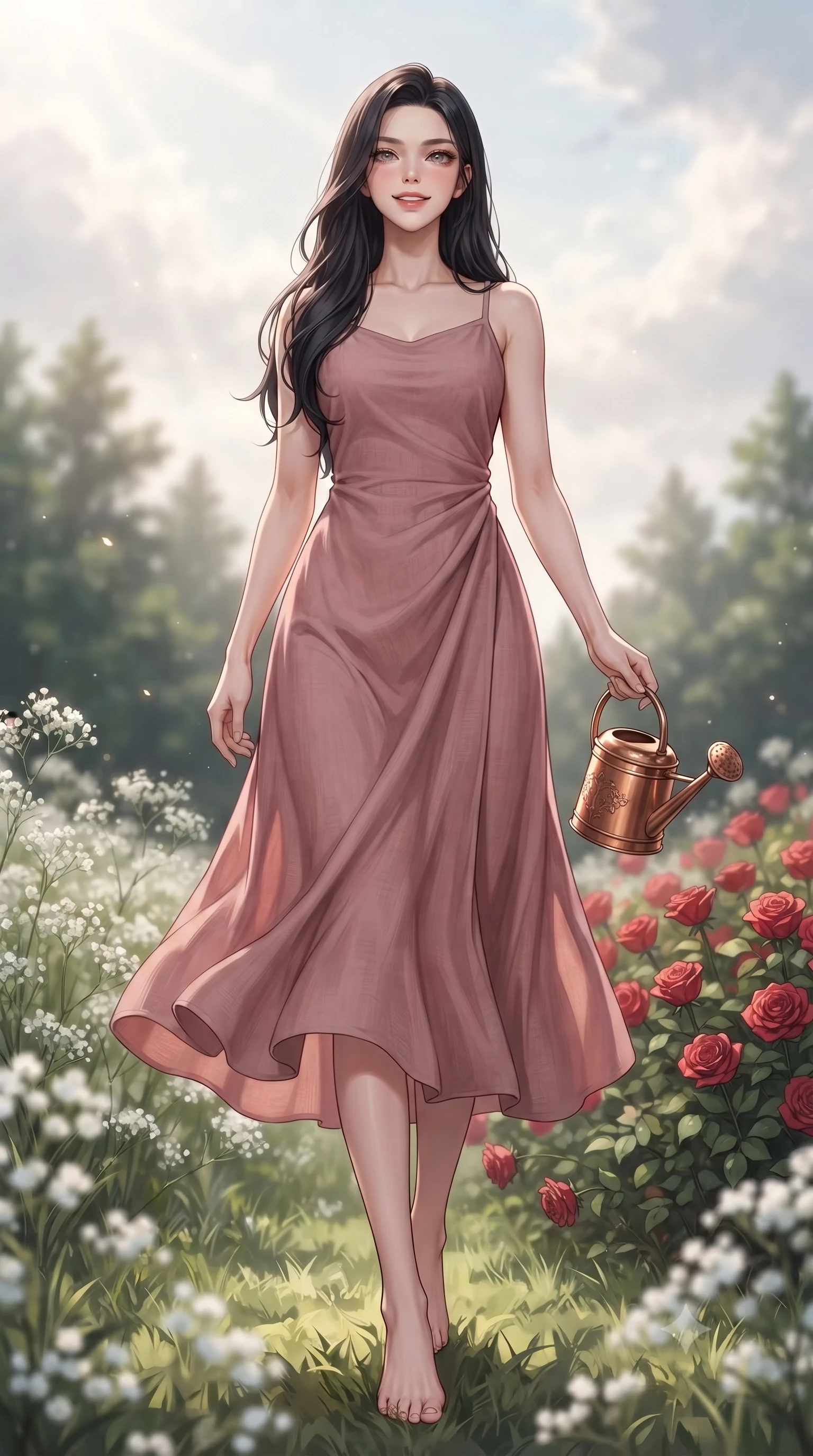 score_9, masterpiece, best quality, ultra-detailed, high-budget anime keyframe, editorial fashion photography, tasteful artistic composition, Korean woman. low angle full-body shot from head to toe showing her feet, filling the entire 9:16 vertical frame with her statuesque presence, stretching her vertical silhouette. stepping forward with an alluring, magnetic smile, her graceful posture highlighting her statuesque silhouette set against a soft-focus background of on a scenic meadow filled with white baby's breath flowers near a forest holding a small watering can next to a bed of red roses. She has an absolutely perfect, statuesque 8.5-heads proportion, an exceptionally tall and slender model-like female figure with impossibly long slender legs and an ultra-slim waist. sharp v-shaped jawline, high-bridge nose, intricate jewel-like eyes with depth, thick eyelashes, glossy lips with a natural sheen. wearing slim-fit flowy linen sundress in dusty rose, draped softly and comfortably. soft afternoon sunbeams filtering through light clouds, casting gentle shadows. highly saturated vibrant anime colors, detailed shading with soft gradients, rich glossy textures, high-contrast stereoscopic depth, volumetric dynamic lighting, master piece, 9:16 ratio
