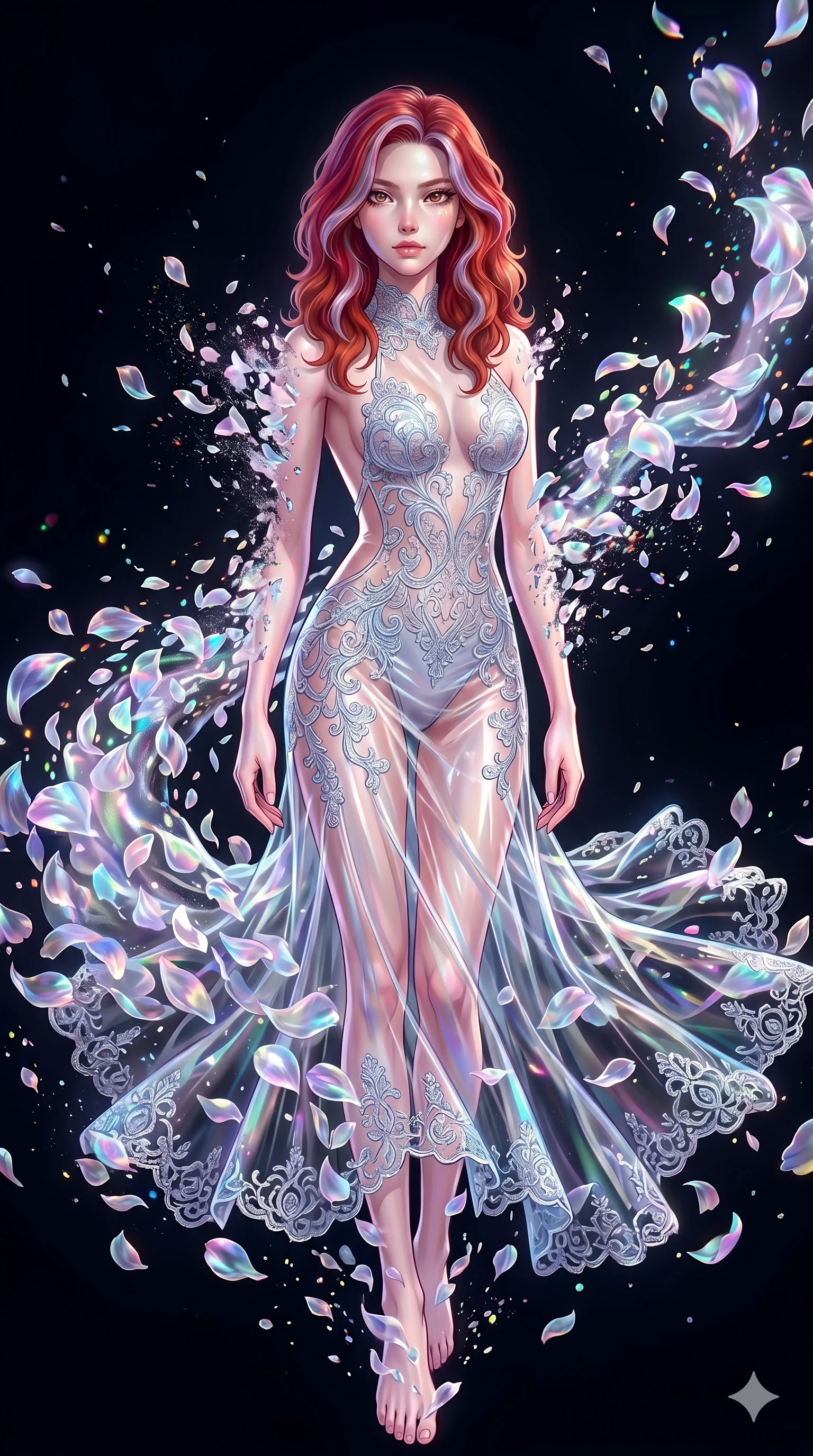 score_9, masterpiece, best quality, ultra-detailed, High-budget Anime Keyframe, East Asian woman. Low angle cowboy shot filling the entire 9:16 frame with her statuesque presence. Scenario 91: Dissolving into a cloud of iridescent silk petals in a void. Her presence is magnetic and overpowering in this high-budget anime scene. Outfit 91: A translucent PVC dangerous with a backless design and delicate lace embroidery. The clothing is designed to emphasize her exceptionally tall and slender 8-heads proportion. 8-heads proportion, towering silhouette, ultra-slim waist. sharp v-shaped jawline, intricate jewel-like eyes with depth, thick eyelashes, glossy lips. 2k, ultra detail, master piece, 9:16 ratio