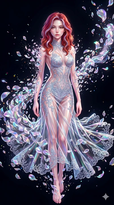 score_9, masterpiece, best quality, ultra-detailed, High-budget Anime Keyframe, East Asian woman. Low angle cowboy shot filling the entire 9:16 frame with her statuesque presence. Scenario 91: Dissolving into a cloud of iridescent silk petals in a vo