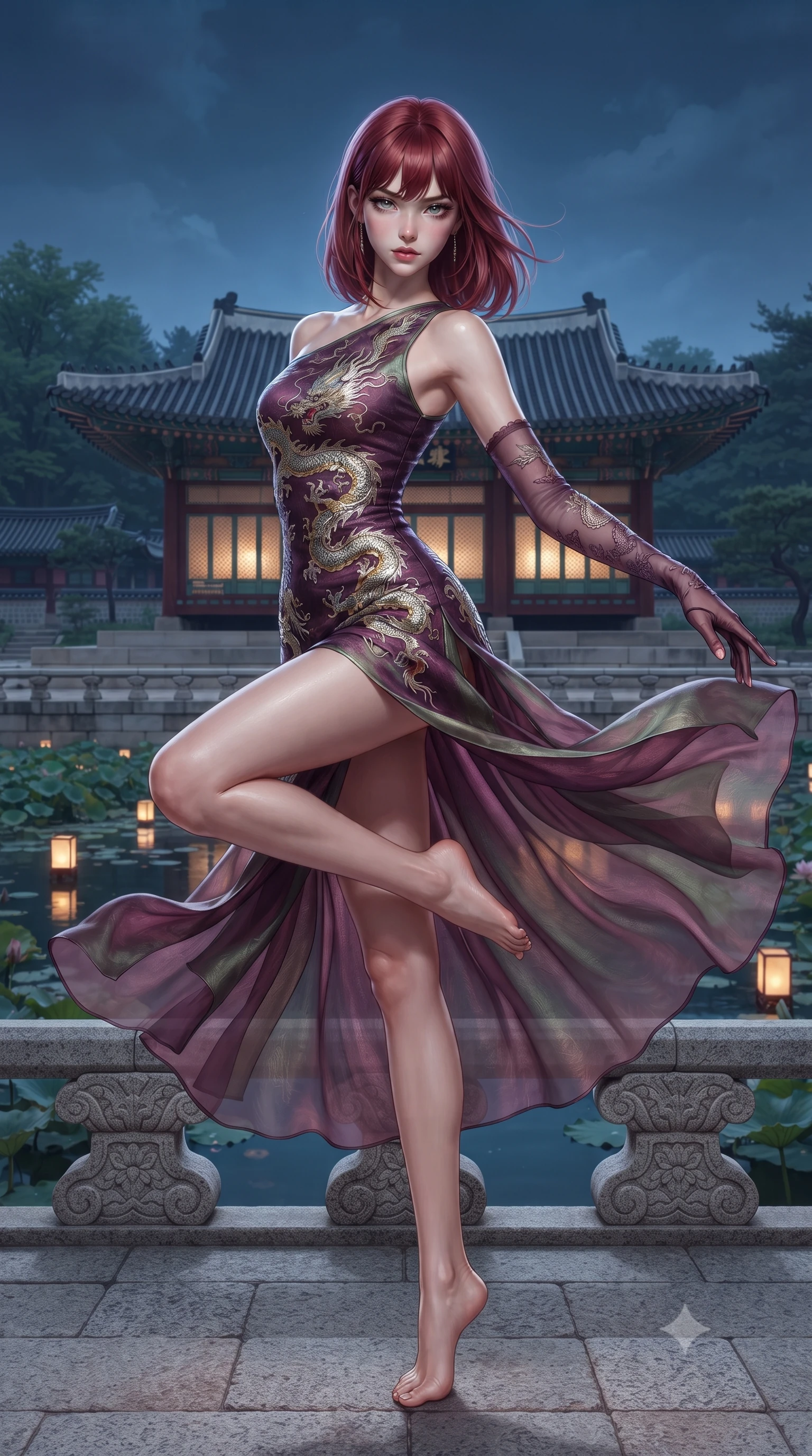 score_9, masterpiece, best quality, ultra-detailed, high-budget anime keyframe, editorial fashion photography, tasteful artistic composition, Caucasian woman. low angle full-body shot from head to toe showing her feet, filling the entire 9:16 vertical frame with her statuesque presence, stretching her vertical silhouette. executing a graceful dancer pivot turn as her layered silk chima skirt flutters around her slender legs, glancing over her shoulder with an intoxicating bedroom-gaze while sitting gracefully on the carved granite terrace of Buyongjeong pavilion above the tranquil lotus pond, arching her back with timeless regal grace under cold moonlight. The surrounding environment is rendered in vivid detail and crisp panoramic clarity: detailed silk organza weave, moonlight specular reflections on skin, and classical Korean palace architecture in high resolution. She has an absolutely perfect, statuesque 8.5-heads proportion, an exceptionally tall and slender model-like female figure with impossibly long slender legs, an ultra-slim waist, a flat toned midriff, narrow delicate ribcage, and beautifully sculpted feminine hips creating a graceful, slim hourglass silhouette without any bulky heaviness. sharp v-shaped jawline, high-bridge nose, intricate jewel-like dark sparkling almond eyes with depth, thick lashes, glossy parted lips with a natural rose-plum sheen, bright alluring and coquettish smile with bedroom-eyes, exuding both timeless oriental elegance and sovereign high-fashion allure, flawlessly proportioned anatomical accuracy, strict slender model proportions, natural body alignment, perfectly sculpted long slender limbs, ultra-slim waistline, clean dynamic posture without body distortion. wearing an asymmetric one-shoulder dragon-embroidered silk mini dress hugging her narrow waist and rounded feminine hips in rich plum violet and gilded bronze embroidery, tailored from smooth celadon raw silk with natural organic slub texture, complemented by delicate sheer silk fingerless gloves reaching past her elbows, the glove-like silhouette tightly following the natural contour of her hips and long slender legs with youthful 8.5-heads elegance. illuminated by warm paper lantern reflections on the pond water and sharp platinum rim lights defining her razor-sharp jawline, narrow waist, and curvy hips. ultra-reflective glossy finish, specular highlights, rich textural contrasts, high-contrast stereoscopic depth, volumetric dynamic lighting, 2k, ultra detail, master piece, 9:16 ratio