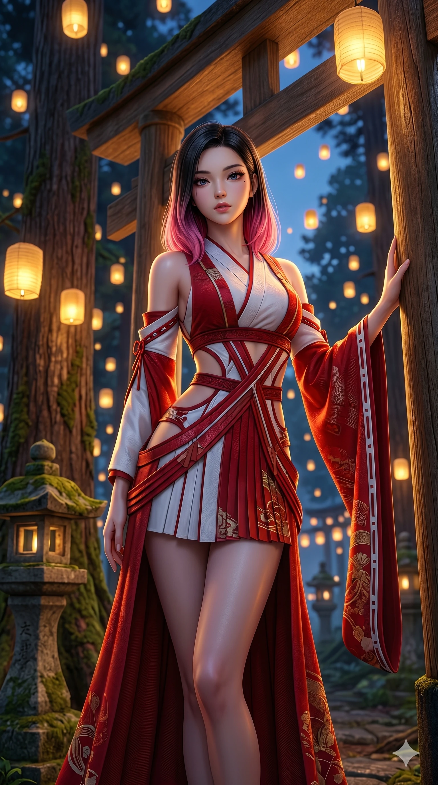 score_9, masterpiece, best quality, ultra-detailed, high-budget anime keyframe, editorial fashion photography, tasteful artistic composition, Korean woman. cowboy shot from the thighs up, character and outfit filling the frame for maximum editorial presence. resting one hand on a wooden torii gate, casting a bedroom-eyes gaze directly at the lens in a sacred shinto forest with golden floating lanterns at dusk (Code-P16-143). She has an absolutely perfect 8-heads proportion, an exceptionally tall and slender female figure with impossibly long slender legs and an ultra-slim waist. V-shaped jawline, high-bridge nose, intricate jewel-like eyes with depth, thick eyelashes, glossy lips with a natural sheen. wearing a modern red and white fusion shrine maiden dress with dramatic waist cutouts and straps. warm golden light from the floating lanterns, tracing the elegant curves of her neck. 2k, ultra detail, master piece, 9:16 ratio