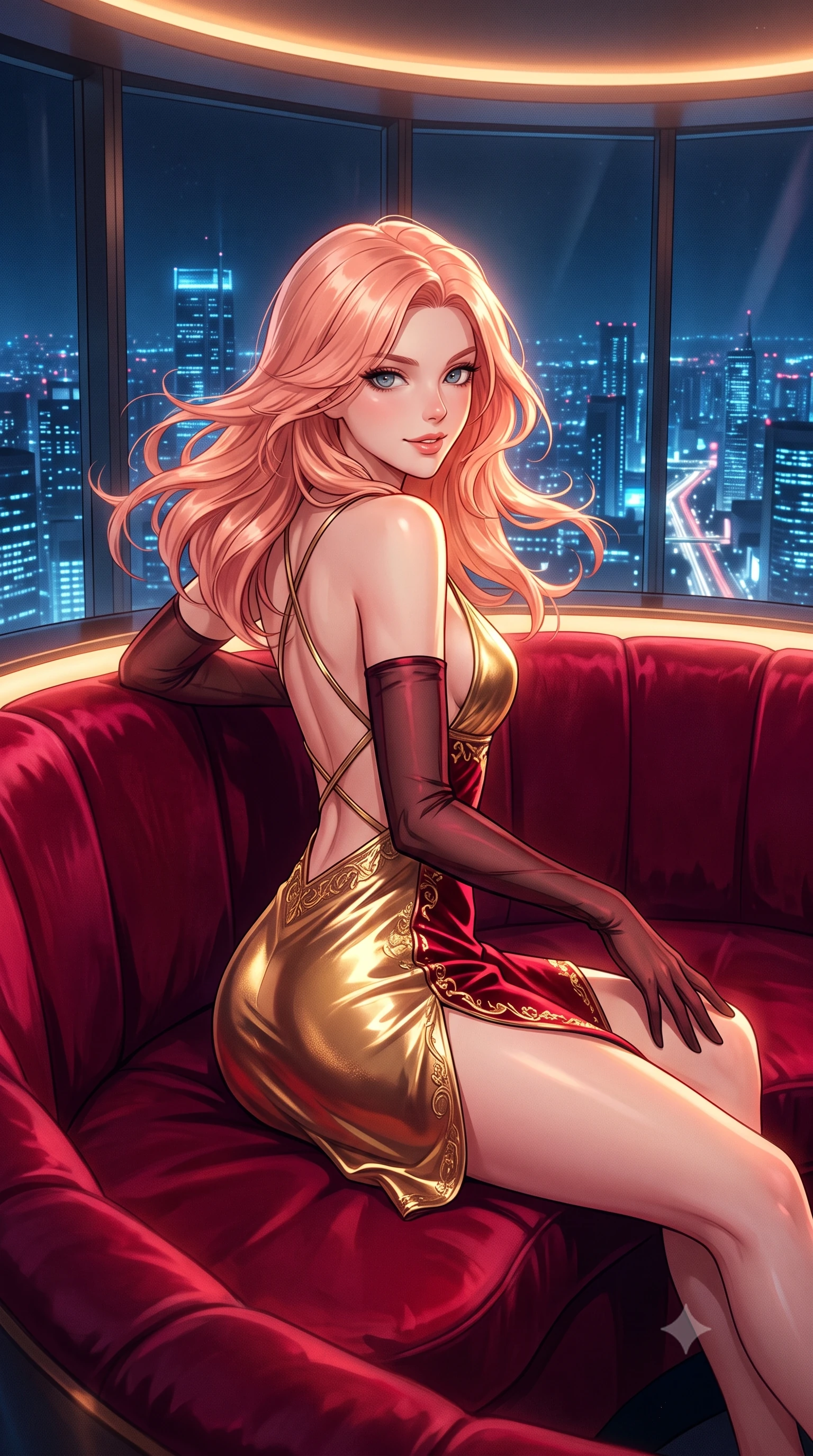 score_9, masterpiece, best quality, ultra-detailed, high-budget anime keyframe, editorial fashion photography, tasteful artistic composition, Japanese woman. close-up cowboy shot from the waist and thighs up, the character dominates the composition, filling the frame with her large presence. turning slowly with an enchanting smoldering smile, her glossy hair tossing in the breeze as her hips angle gracefully in a captivating contrapposto while lounging gracefully across the sculptural circular velvet booth propped on one elbow with legs extended, displaying her long slender limbs and statuesque hourglass silhouette. The surrounding environment is rendered in vivid detail and crisp panoramic clarity: detailed bespoke fashion tailoring, liquid fabric drape, and world-class high-altitude architecture in razor-sharp precision. She has an exceptionally elegant, slender, and willowy female figure with an ultra-slim waist, flat toned midriff, narrow ribcage, and sculpted feminine hips creating an alluring, slim hourglass silhouette without bulk. sharp v-shaped jawline, high-bridge nose, intricate jewel-like sparkling eyes with depth, thick eyelashes, glossy parted lips with a natural peach sheen, bright cheerful beaming smile with an enchanting and coquettish sensual glint, exuding both youthful cute charm and seductive allure, flawlessly proportioned anatomical accuracy, strict slender model proportions, natural body alignment, perfectly sculpted long slender limbs, ultra-slim waistline, clean dynamic posture without body distortion. wearing a backless liquid foil mini dress with criss-cross spinal straps and daring side slit in Cyber-Baroque gilded gold and royal crimson velvet, crafted from fluid liquid silk satin that clings smoothly to her narrow waist and rounded hips with a dewy sheen, complemented by sheer opera-length evening gloves tracing her slender arms, the second-skin tailored fabric adhering flawlessly to her sculpted flat midriff and slender torso, emphasizing her long leg lines and perfectly proportioned willowy build. bathed in warm 2700K ambient bar cove lighting paired with cool electric-blue skyscraper panorama radiance. ultra-reflective glossy finish, specular highlights, rich textural contrasts, high-contrast stereoscopic depth, volumetric dynamic lighting, 2k, ultra detail, master piece, 9:16 ratio