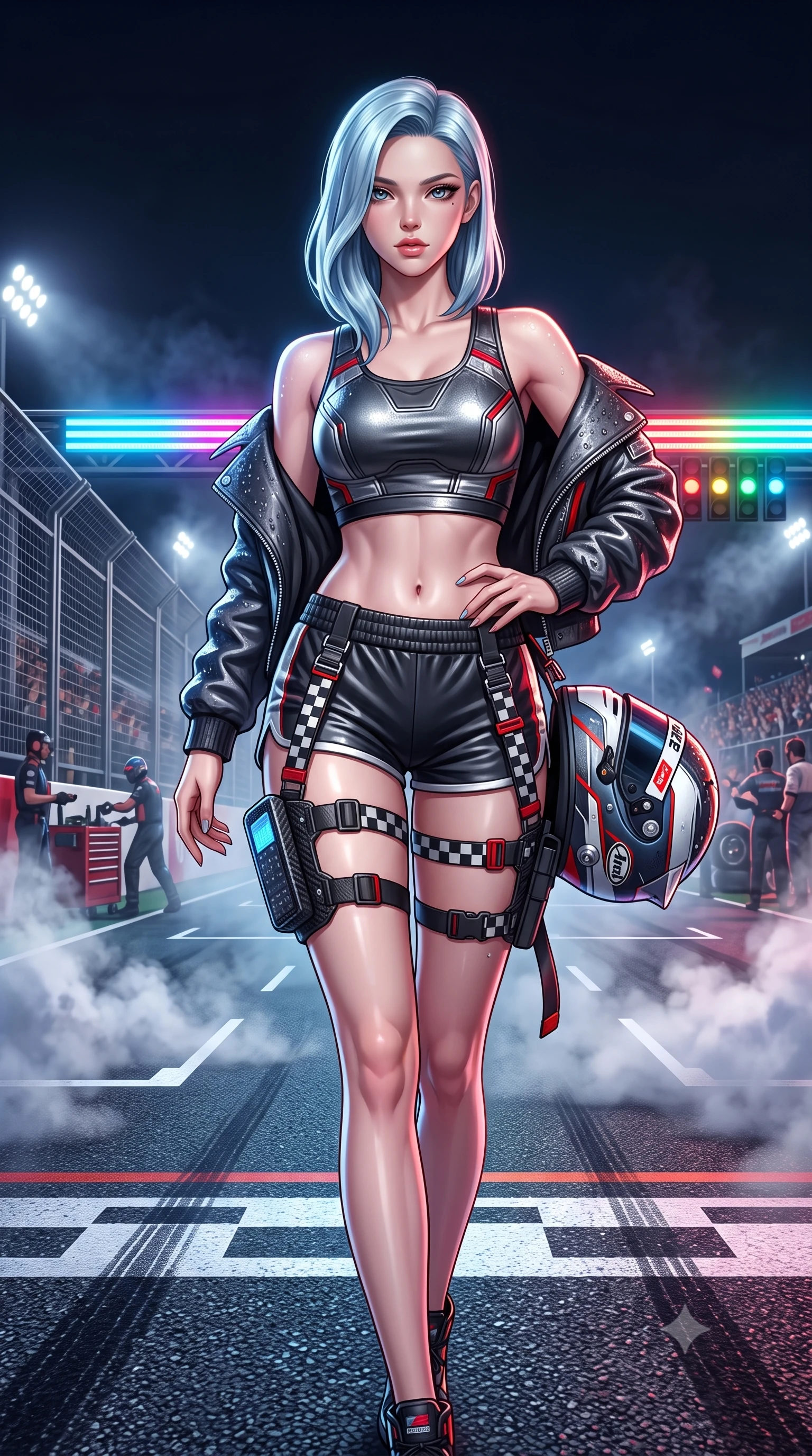 score_9, masterpiece, best quality, ultra-detailed, high-budget anime keyframe, semi-realistic 3D game render, editorial fashion photography, tasteful artistic composition, Korean woman. close-up cowboy shot from the waist and thighs up, the character dominates the composition, filling the frame with her large presence. arching her spine in an alluring serpentine S-curve, one hand resting on her waist with parted glossy lips and an intensely magnetic gaze while stepping forward with proud runway strides amidst rising tire smoke, her statuesque vertical presence commanding the frame. The surrounding environment is rendered in vivid detail and crisp panoramic clarity. crisp starting grid painted lines, rain droplet beads on leather jacket, and circuit fencing in deep focus. She has an exceptionally elegant, slender, and willowy female figure with an ultra-slim waist, a gracefully sculpted slender torso, toned flat midriff, and a refined slim silhouette. sharp v-shaped jawline, high-bridge nose, intricate jewel-like eyes with depth, thick eyelashes, glossy parted lips with a natural sheen, intensely captivating and seductive expression, flawlessly proportioned anatomical accuracy, strict slender model proportions, natural body alignment, perfectly sculpted long slender limbs, ultra-slim waistline, clean dynamic posture without body distortion. wearing a metallic leather crop tank with high-waist track shorts and tactical leg harness straps in monochrome checkerboard black and white with red accents, formed from ultra-sleek carbon-fiber reinforced composite with specular sheen, equipped with a sleek thigh-mounted telemetry display and tactical harness, the liquid-tight tailored fabric emphasizing every curve of her tall, slender model proportions and sculptured silhouette. bathed in dynamic color-shifting LED race lights and sweeping white spotlight fill. highly saturated vibrant anime colors, detailed shading with soft gradients, rich glossy textures, high-contrast stereoscopic depth, volumetric dynamic lighting, master piece, 9:16 ratio