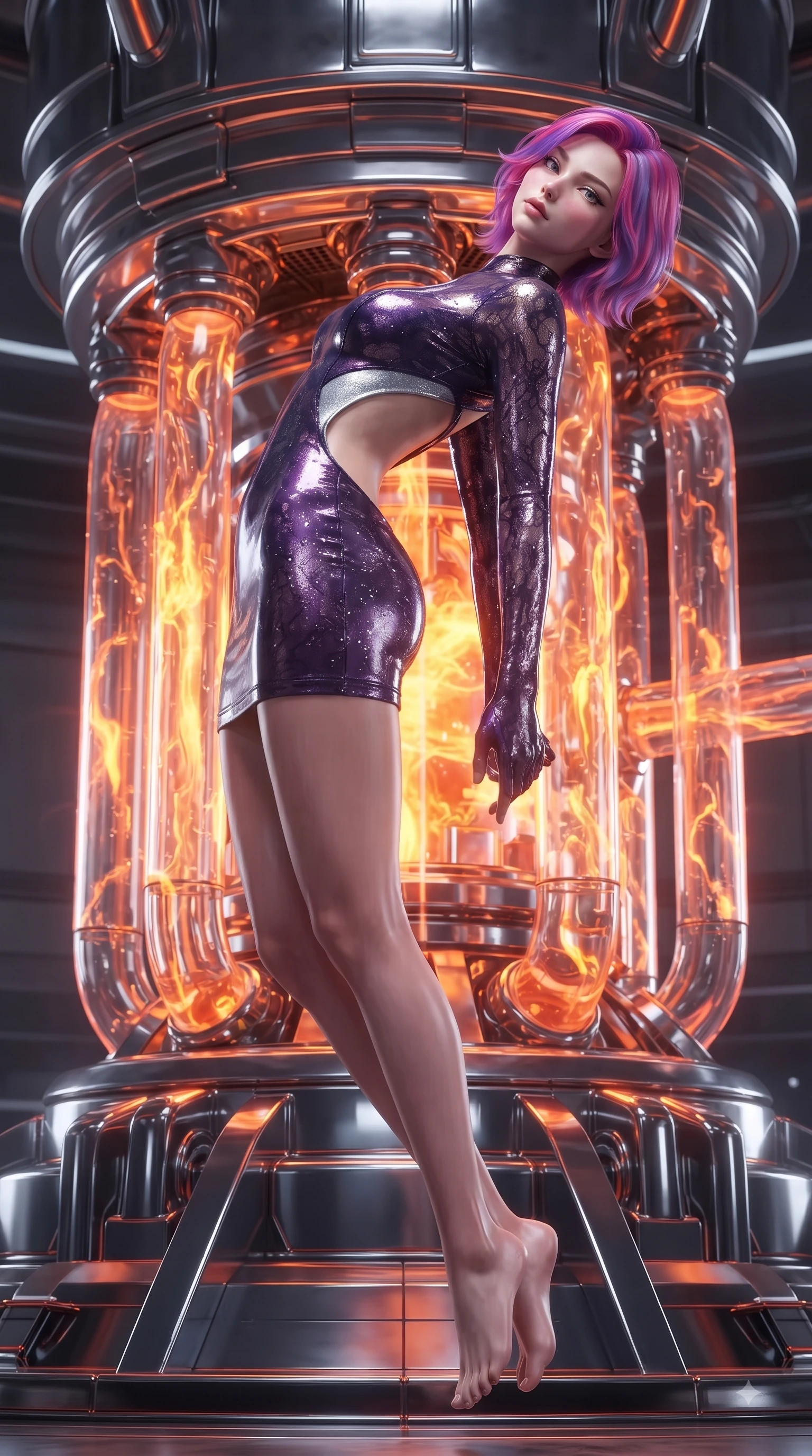 score_9, masterpiece, best quality, ultra-detailed, high-budget anime keyframe, editorial fashion photography, tasteful artistic composition, Caucasian woman. low angle full-body shot from head to toe showing her feet, filling the entire 9:16 vertical frame with her statuesque presence, stretching her vertical silhouette. arching her back in a fluid zero-gravity turn with sovereign grace, her long slender legs and sculpted torso creating a sweeping line while floating weightlessly near a colossal fusion reactor core with molten energy pulsing through transparent conduits. The surrounding environment is rendered in vivid detail and crisp panoramic clarity. intricate plasma arc textures, glowing fusion core lattices, and polished chrome plating in high resolution. She has an absolutely perfect, statuesque 8.5-heads proportion, an exceptionally tall and slender model-like female figure with impossibly long slender legs and an ultra-slim waist. sharp v-shaped jawline, high-bridge nose, intricate jewel-like eyes with depth, thick eyelashes, glossy lips with a natural sheen, flawlessly proportioned anatomical accuracy, natural body alignment, perfectly sculpted elegant limbs, clean dynamic posture without body distortion. wearing a second-skin fashion-latex mini dress with a clean architectural front, featuring an open-back design that wraps around the sides of her waist, showcasing her slender silhouette in dark amethyst purple and shimmering starlight silver, crafted from delicate dark lace interwoven with luminescent micro-fibers, complemented by criss-cross back straps highlighting her completely bare spine, the glove-like fit tightly following every curve of her statuesque athletic build. surrounded by a supercharged, high-voltage, and breathtakingly bold sensual aura. ultra-reflective glossy finish, specular highlights, metallic sheen, high-contrast stereoscopic depth, volumetric dynamic lighting, 2k, ultra detail, master piece, 9:16 ratio