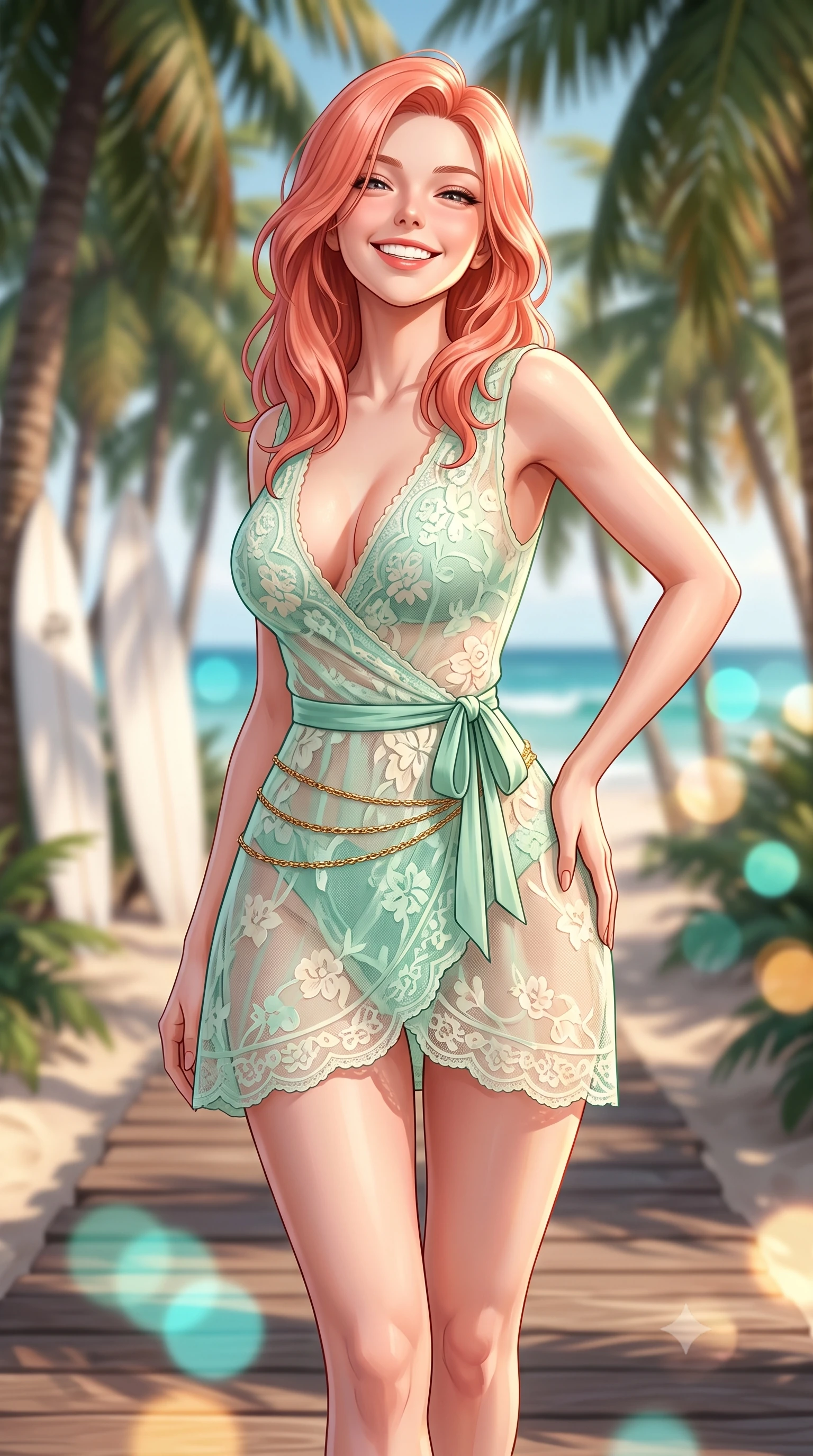 score_9, masterpiece, best quality, ultra-detailed, high-budget anime keyframe, semi-realistic 3D game render, editorial fashion photography, tasteful artistic composition, Japanese woman. close-up cowboy shot from the waist and thighs up, the character dominates the composition, filling the frame with her large presence. tilting her head with a cute beaming smile while arching her spine with effortless dancer poise, one hand sliding along her hip line in a flirtatious S-curve while striding cheerfully along the wooden boardwalk leading through a shaded coconut palm grove, arching her back with an infectious sun-kissed smile. The composition keeps background elements in soft focus with dreamy creamy bokeh. swaying coconut palm groves, white surf shack boards, and turquoise Pacific breakers blurred into jade, cyan, and golden amber bokeh. She has an exceptionally elegant, slender, and willowy female figure with an ultra-slim waist, flat toned midriff, narrow ribcage, and sculpted feminine hips creating an alluring, slim hourglass silhouette without bulk. sharp v-shaped jawline, high-bridge nose, intricate jewel-like sparkling eyes with depth, thick eyelashes, glossy parted lips with a natural peach sheen, bright cheerful beaming smile with an enchanting and coquettish sensual glint, exuding both youthful cute charm and seductive allure, flawlessly proportioned anatomical accuracy, strict slender model proportions, natural body alignment, perfectly sculpted long slender limbs, ultra-slim waistline, clean dynamic posture without body distortion. wearing a breezy wrap mini dress with a deep V-neckline and tie-waist accentuating her sculpted flat midriff and hips in refreshing mint green and soft vanilla cream, made of sheer contouring stretch lace with delicate floral patterns, accented with a delicate gold chain belt resting loosely on her curvy hips, the glove-like silhouette tightly following the natural contour of her hips and long slender legs with youthful 8.5-heads elegance. illuminated by warm sand specular reflections sharply carving her razor-sharp jawline, narrow waist, and curvy hips. highly saturated vibrant anime colors, detailed shading with soft gradients, rich glossy textures, high-contrast stereoscopic depth, volumetric dynamic lighting, master piece, 9:16 ratio