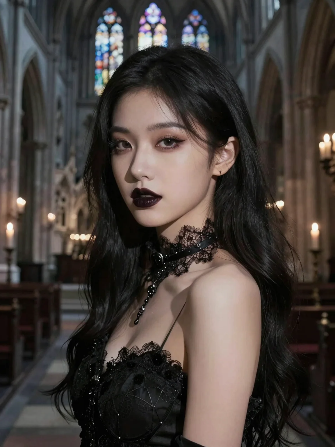 (masterpiece:1.2), best quality, gothic aesthetic, (1girl:1.3), gorgeous woman, black lace choker, dark lipstick, (candlelit cathedral background:1.2), moody atmosphere, 2k, ultra detail, 3:4 ratio