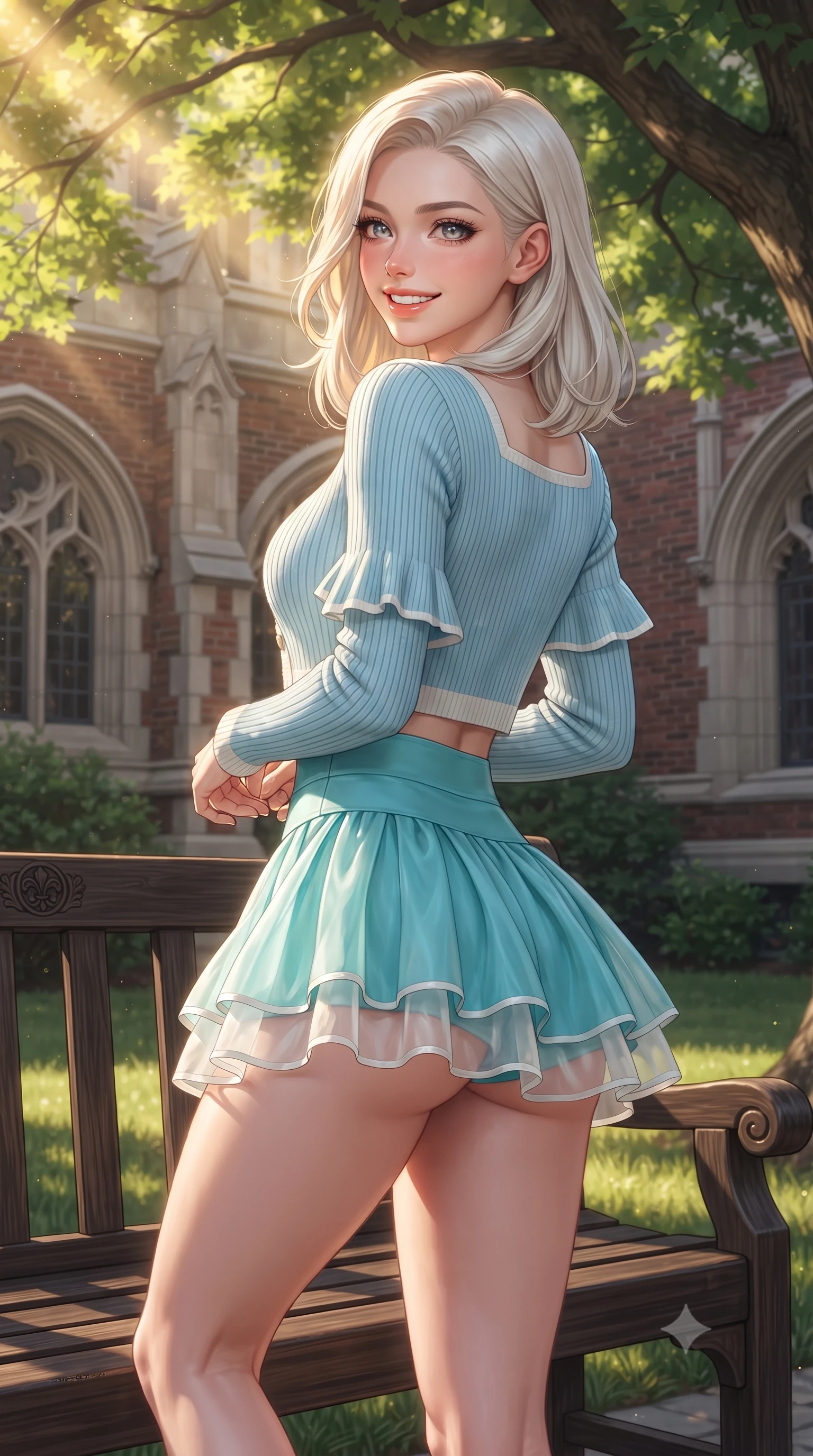score_9, masterpiece, best quality, ultra-detailed, high-budget anime keyframe, editorial fashion photography, tasteful artistic composition, Caucasian woman. close-up cowboy shot from the waist and thighs up, the character dominates the composition, filling the frame with her large presence. posing in an alluring rear three-quarter angle, turning over a bare shoulder with an intoxicating cute smile, her hips cocked back to highlight her slim hourglass curve while lounging gracefully on a park bench under ancient maple trees, her long slender legs and curvy hips highlighted by golden sunbeams. The surrounding environment is rendered in vivid detail and crisp panoramic clarity. sharp carved gothic stonework, lush green lawn textures, and red-brick mortar lines in deep focus. She has an exceptionally elegant, slender, and willowy female figure with an ultra-slim waist, flat toned midriff, narrow ribcage, and sculpted feminine hips creating an alluring, slim hourglass silhouette without bulk. sharp v-shaped jawline, high-bridge nose, intricate jewel-like sparkling eyes with depth, thick eyelashes, glossy parted lips with a natural peach sheen, bright cheerful beaming smile with an enchanting and coquettish sensual glint, exuding both youthful cute charm and seductive allure, flawlessly proportioned anatomical accuracy, strict slender model proportions, natural body alignment, perfectly sculpted long slender limbs, ultra-slim waistline, clean dynamic posture without body distortion. wearing a cropped pastel ribbed knit cardigan paired with an ultra-short high-waisted pleated tennis skirt clinging tightly to her curvy hips in ocean turquoise and sea-salt white, woven from layered gossamer organza with weightless flutter, featuring elegant flutter sleeves and a graceful square neckline, the form-fitting cut adhering flawlessly to her sculpted flat midriff and slender torso, emphasizing her long leg lines and perfectly proportioned willowy build. illuminated by warm campus grass bounce fill accentuating her sculpted collarbones, ultra-slim waist, and curvy hips. ultra-reflective glossy finish, specular highlights, rich textural contrasts, high-contrast stereoscopic depth, volumetric dynamic lighting, 2k, ultra detail, master piece, 9:16 ratio