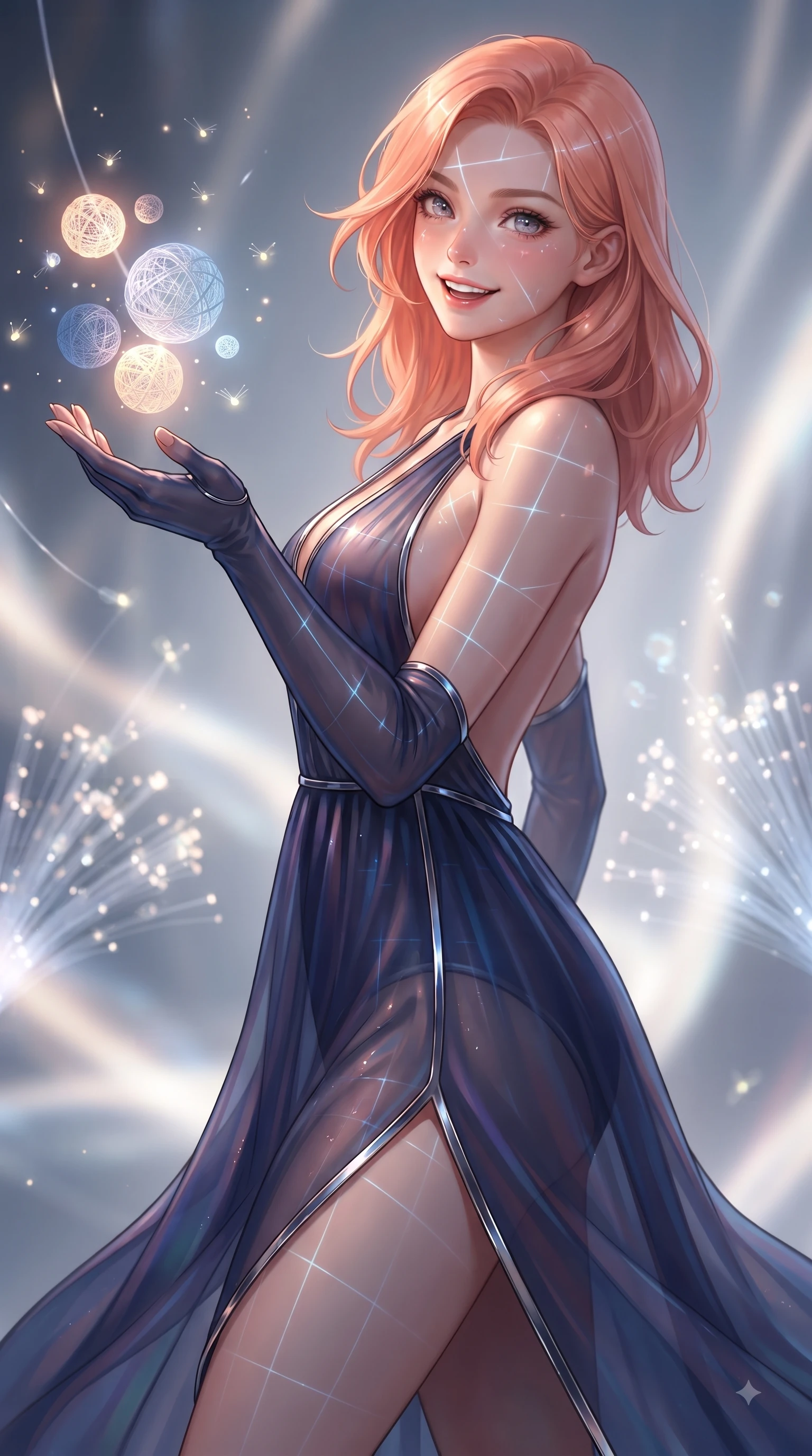 score_9, masterpiece, best quality, ultra-detailed, high-budget anime keyframe, editorial fashion photography, tasteful artistic composition, Japanese woman. close-up cowboy shot from the waist and thighs up, the character dominates the composition, filling the frame with her large presence, background elements kept in soft focus. Cheerful beaming smile with parted lips, exuding pure enchanting charm while turning dynamically toward the camera while reaching forward with a cheerful arm stretch to touch a cluster of glowing yarn spheres, glowing fiber optic motes drifting like fireflies in the cheerful background. She has an exceptionally elegant, slender, and willowy female figure with an ultra-slim waist, a gracefully sculpted slender torso, and a refined silhouette. sharp v-shaped jawline, high-bridge nose, intricate jewel-like eyes with depth, thick eyelashes, glossy lips with a natural sheen, flawlessly proportioned anatomical accuracy, natural body alignment, perfectly sculpted elegant limbs, clean dynamic posture without body distortion. wearing a translucent iridescent chiffon gown with a plunging neckline and open back in midnight navy blue and chrome trim, crafted from smooth liquid silk, finished with a sleek side slit ascending to mid-thigh, the glove-like fit emphasizing her statuesque silhouette during motion. bathed in sharp geometric laser grid highlights and soft airy ambient fill. ultra-reflective glossy finish, specular highlights, metallic sheen, high-contrast stereoscopic depth, volumetric dynamic lighting, 2k, ultra detail, master piece, 9:16 ratio