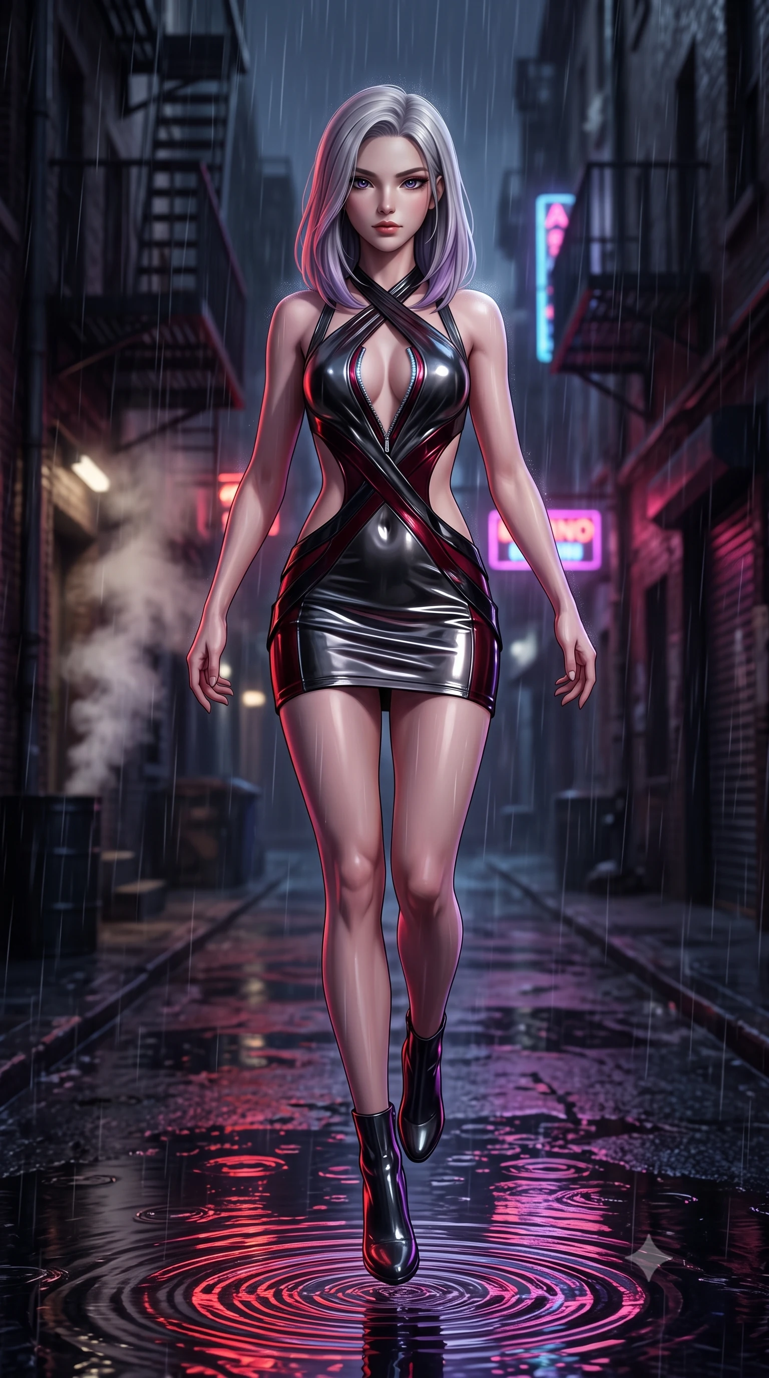 score_9, masterpiece, best quality, ultra-detailed, high-budget anime keyframe, semi-realistic 3D game render, editorial fashion photography, tasteful artistic composition, Caucasian woman. low angle full-body shot from head to toe showing her feet, filling the entire 9:16 vertical frame with her statuesque presence, stretching her vertical silhouette. performing an alluring mid-air vault with flawless poise, looking directly into the camera with smoldering, predatory intensity while striding commanding through heavy midnight rain as puddle reflections of red and violet neon ripple beneath her heels. The composition keeps background elements in soft focus with creamy bokeh. dark alleyway fire escapes and rising steam plumes softened in moody shallow focus. She has an absolutely perfect, statuesque 8.5-heads proportion, an exceptionally tall and slender model-like female figure with impossibly long slender legs, a toned flat midriff, and an ultra-slim waist. sharp v-shaped jawline, high-bridge nose, intricate jewel-like eyes with depth, thick eyelashes, glossy lips with a natural sheen, flawlessly proportioned anatomical accuracy, strict slender model proportions, natural body alignment, perfectly sculpted long slender limbs, ultra-slim waistline, clean dynamic posture without body distortion. wearing a molten gunmetal liquid-metal mini dress featuring deep side-waist cutouts and a daring crossover halter neckline in midnight onyx black and deep blood crimson, formed from high-gloss patent material with specular chiaroscuro reflections, featuring a dangerously unzipped neckline framed by subtle glowing cybernetic accents, the sleek second-skin cut tightly hugging her graceful clavicle, narrow waist, and feminine curves with athletic precision. surrounded by a dangerous, gritty, and intensely provocative femme-fatale noir aura. rich saturated anime colors with deep moody shadows, detailed chiaroscuro shading with soft gradients, rich glossy textures, high-contrast stereoscopic depth, volumetric dynamic shadow lighting, master piece, 9:16 ratio