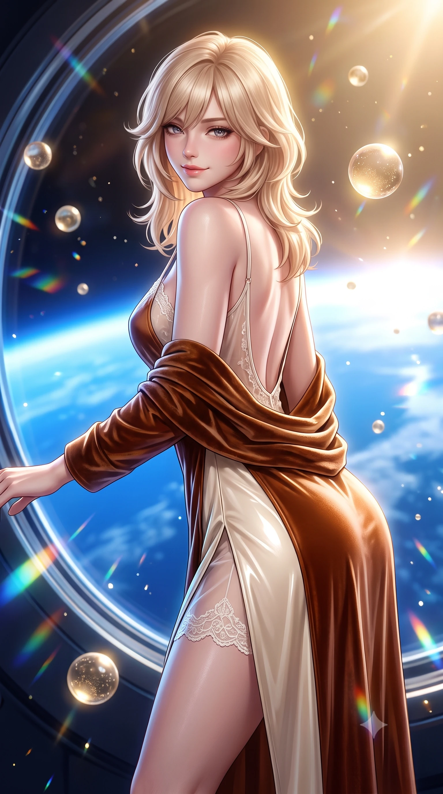 score_9, masterpiece, best quality, ultra-detailed, high-budget anime keyframe, semi-realistic 3D game render, editorial fashion photography, tasteful artistic composition, Japanese woman. close-up cowboy shot from the waist and thighs up, the character dominates the composition, filling the frame with her large presence. turning over a bare shoulder with an intoxicating, teasing smile, her soft hair framing her sharp jawline as her hips angle gracefully while leaning forward against the massive curved panoramic viewport overlooking the brilliant blue curve of Earth, hips cocked back in an intoxicating zero-gravity posture. The composition keeps background elements in soft focus with creamy bokeh. floating zero-gravity champagne spheres and prism reflections scattering radiant celestial light motes. She has an exceptionally elegant, slender, and willowy female figure with an ultra-slim waist, flat toned midriff, narrow ribcage, and sculpted feminine hips creating an alluring, slim hourglass silhouette without bulk. sharp v-shaped jawline, high-bridge nose, intricate jewel-like eyes with depth, thick eyelashes, glossy parted lips with a natural sheen, intensely captivating and seductive bedroom-eyes expression, flawlessly proportioned anatomical accuracy, strict slender model proportions, natural body alignment, perfectly sculpted long slender limbs, ultra-slim waistline, clean dynamic posture without body distortion. wearing a sheer vintage lace-trimmed slip dress layered under an open velvet robe with an ultra-high side slit in rich equestrian cognac brown and crisp champagne cream, tailored from second-skin aerodynamic stretch vinyl with specular wet sheen, complemented by a plush velvet shawl draped loosely over her elbows, the dramatically scooped open back descending to the base of her spine, accentuating her razor-sharp statuesque lines and slim hourglass silhouette. bathed in radiant golden orbital sunrise backlighting and ambient cool blue Earth glow from below. highly saturated vibrant anime colors, detailed shading with soft gradients, rich glossy textures, high-contrast stereoscopic depth, volumetric dynamic lighting, master piece, 9:16 ratio