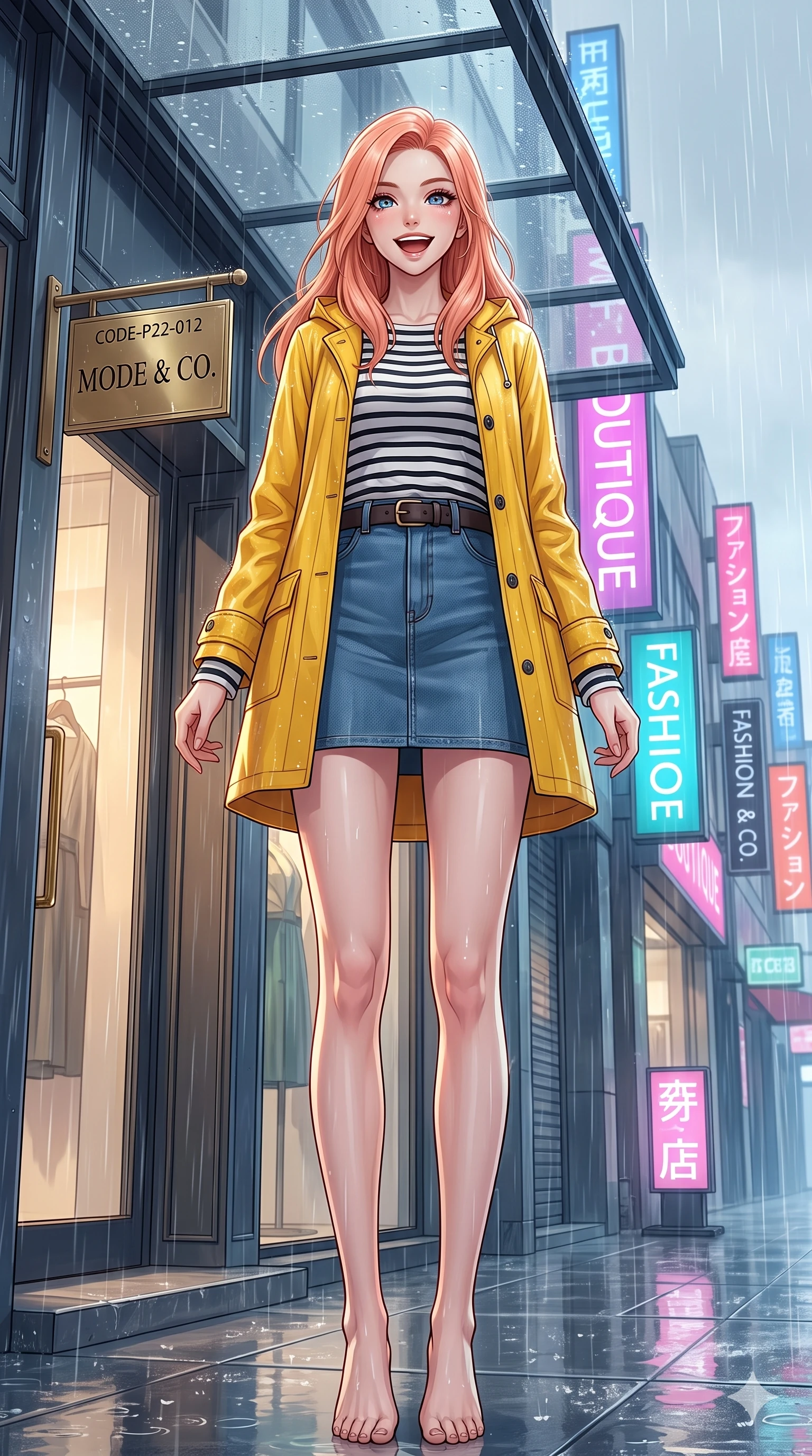 score_9, masterpiece, best quality, ultra-detailed, high-budget anime keyframe, vibrant anime aesthetic, Japanese woman. low angle full-body shot from head to toe showing her feet, filling the entire 9:16 vertical frame with her statuesque presence, stretching her vertical silhouette. She is posing with a bright, energetic grin, her eyes glowing with energy, with her eyes bright and full of life with a gentle tilt of her head. by the entrance of a high-fashion boutique with a glass awning, overlooking rain-slicked city streets reflecting neon signs (Code-P22-012). She has an absolutely perfect 8-heads proportion, an exceptionally tall and slender female figure with impossibly long slender legs and an ultra-slim waist. V-shaped jawline, high-bridge nose, intricate jewel-like eyes with depth, thick eyelashes, glossy lips with a natural sheen. wearing a bright yellow raincoat over a striped long-sleeve shirt and denim skirt with an elegant leather belt. She is drenched in soft, diffused light of a rainy afternoon, creating clean outlines, accentuating her slender silhouette in the rainy afternoon. 2k, ultra detail, master piece, 9:16 ratio
