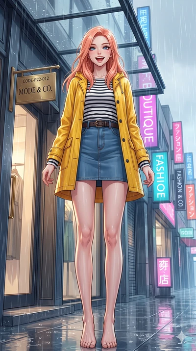 score_9, masterpiece, best quality, ultra-detailed, high-budget anime keyframe, vibrant anime aesthetic, Japanese woman. low angle full-body shot from head to toe showing her feet, filling the entire 9:16 vertical frame with her statuesque presence, 