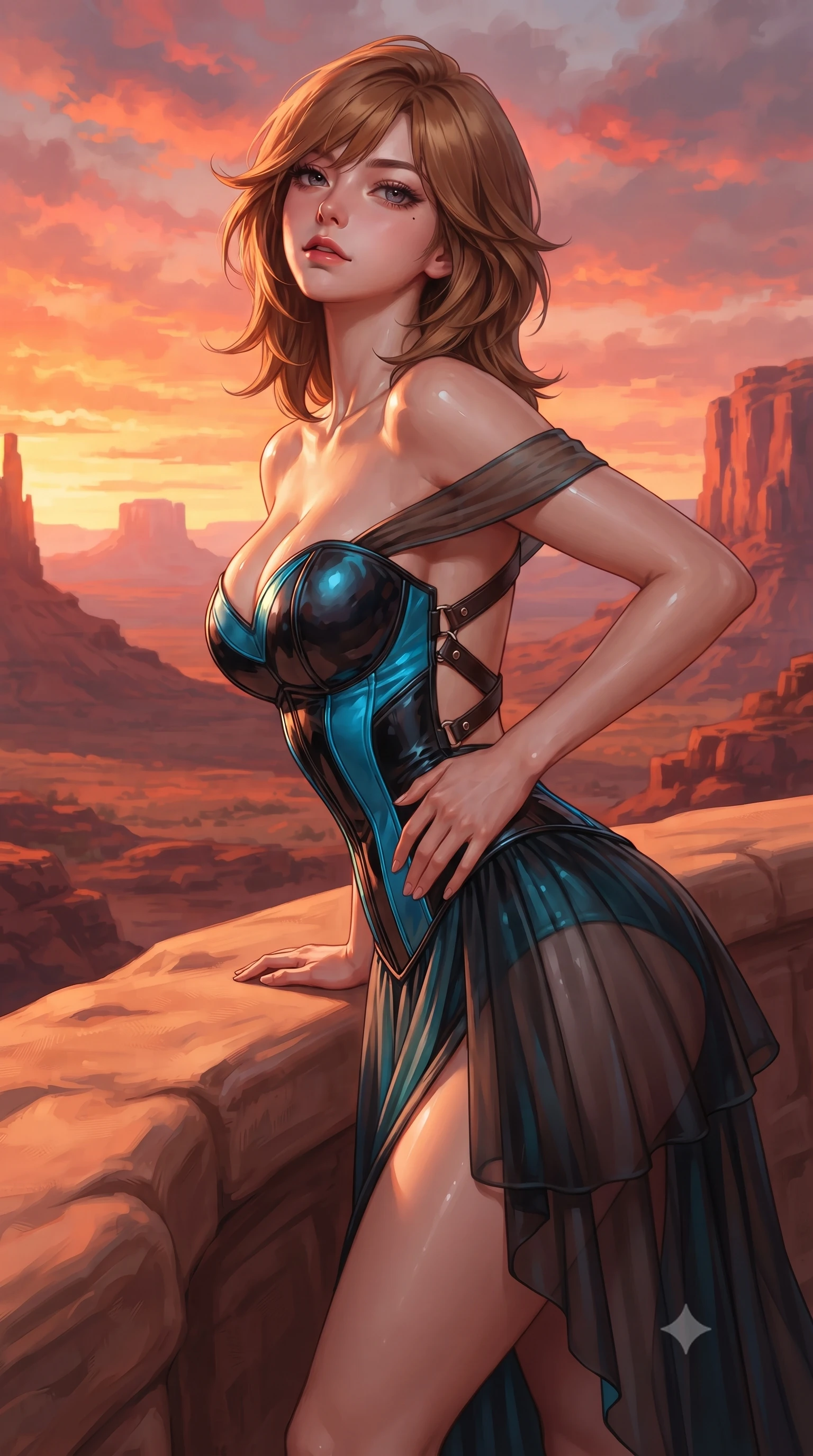 score_9, masterpiece, best quality, ultra-detailed, high-budget anime keyframe, editorial fashion photography, tasteful artistic composition, Korean woman. close-up cowboy shot from the waist and thighs up, the character dominates the composition, filling the frame with her large presence. tilting her chin up with proud, sovereign allure while gazing through thick eyelashes, one hand resting on her waist in pure supermodel charisma while leaning forward over the smooth sandstone cliff railing with lower back arched, basking in the fiery Arizona sunset that warms her bare shoulders. The surrounding environment is rendered in vivid detail and crisp panoramic clarity. rich high-contrast desert vortex chiaroscuro and ultra-luxury Southwestern sanctuary aesthetics in precision. She has an exceptionally elegant, slender, and willowy female figure with an ultra-slim waist, flat toned midriff, narrow ribcage, and sculpted feminine hips creating an alluring, slim hourglass silhouette without bulk. sharp v-shaped jawline, high-bridge nose, intricate jewel-like eyes with depth, thick eyelashes, glossy parted lips with a natural sheen, intensely captivating and seductive bedroom-eyes expression, flawlessly proportioned anatomical accuracy, strict slender model proportions, natural body alignment, perfectly sculpted long slender limbs, ultra-slim waistline, clean dynamic posture without body distortion. wearing an off-shoulder French court corset bodice dress paired with a tiered translucent chiffon slit skirt in electric cyan and high-gloss lacquer black, tailored from water-resistant treated wool gabardine and flexible stretch silk, featuring an open-back criss-cross harness strap in dark leather, the form-contouring material adhering flawlessly to her sculpted flat midriff and slender torso, emphasizing her long leg lines and perfectly proportioned willowy build. illuminated by wet specular pool highlights accentuating her slender neckline, sculpted waist, and rounded hips. ultra-reflective glossy finish, specular highlights, rich textural contrasts, high-contrast stereoscopic depth, volumetric dynamic lighting, 2k, ultra detail, master piece, 9:16 ratio