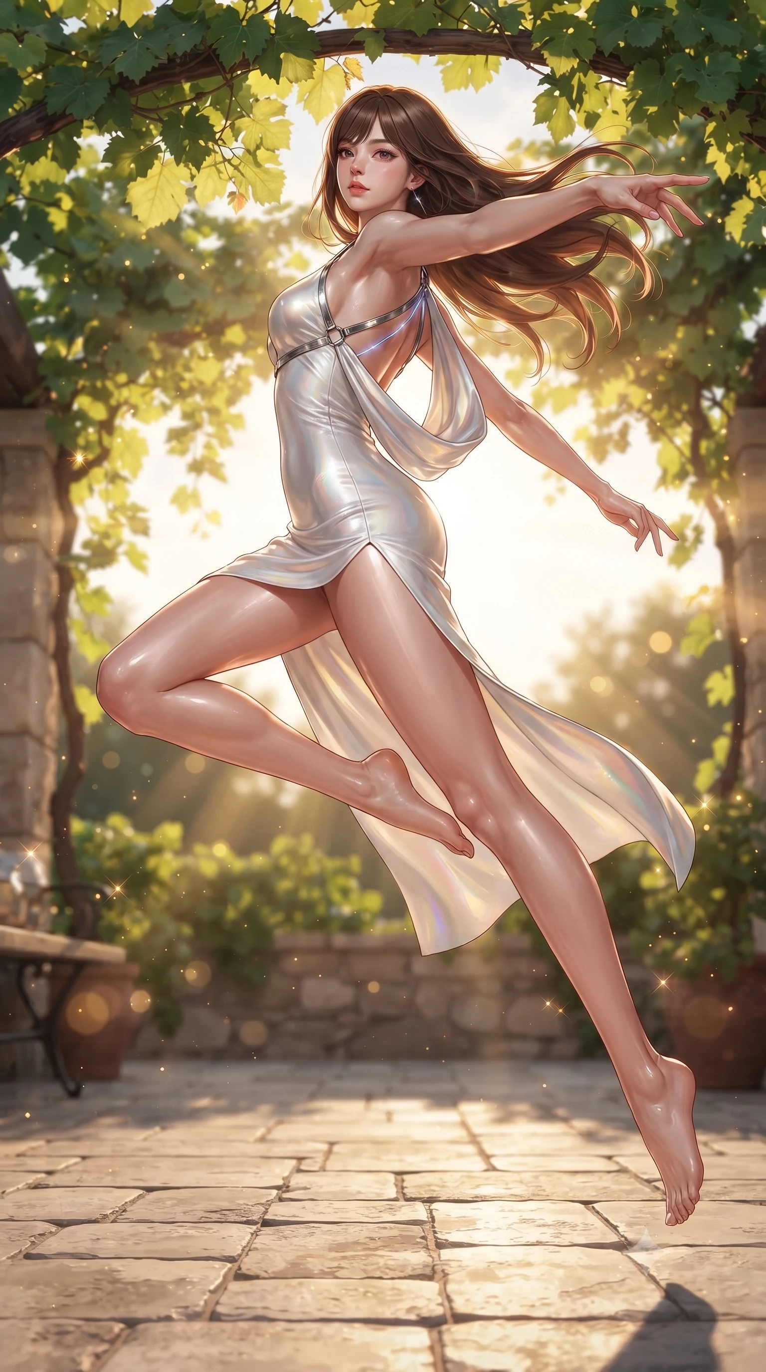 score_9, masterpiece, best quality, ultra-detailed, high-budget anime keyframe, editorial fashion photography, tasteful artistic composition, Korean woman. low angle full-body shot from head to toe showing her feet, filling the entire 9:16 vertical frame with her statuesque presence, stretching her vertical silhouette. leaping through mid-air with an athletic yet alluring arch of her spine, her impossibly long slender legs stretched in flawless poise while pivoting dynamically on a stone patio as golden afternoon sunbeams filter through lush green grapevines. The composition keeps background elements in soft focus with creamy bokeh. sparkling sunlight reflections scattering radiant warmth across a scenic backdrop. She has an absolutely perfect, statuesque 8.5-heads proportion, an exceptionally tall and slender model-like female figure with impossibly long slender legs, a toned flat midriff, and an ultra-slim waist. sharp v-shaped jawline, high-bridge nose, intricate jewel-like eyes with depth, thick eyelashes, glossy lips with a natural sheen, flawlessly proportioned anatomical accuracy, strict slender model proportions, natural body alignment, perfectly sculpted long slender limbs, ultra-slim waistline, clean dynamic posture without body distortion. wearing a precision-fitted liquid jersey bodycon dress with a dramatic draped cowl back that swoops down to her waist and a high side slit in glistening liquid pearl white with rainbow opalescence, made of liquid metal jersey that clings flawlessly to every contour of her build, reinforced by a sleek metallic chrome harness and delicate glowing micro-straps, the glove-like aerodynamic second-skin fit tightly clinging to her ultra-slender waist and athletic curves without adding bulk, accentuating her razor-sharp statuesque lines and slim hourglass silhouette. bathed in warm golden hour afternoon sunbeams and crisp Mediterranean sky fill light. ultra-reflective glossy finish, specular highlights, metallic sheen, high-contrast stereoscopic depth, volumetric dynamic lighting, 2k, ultra detail, master piece, 9:16 ratio