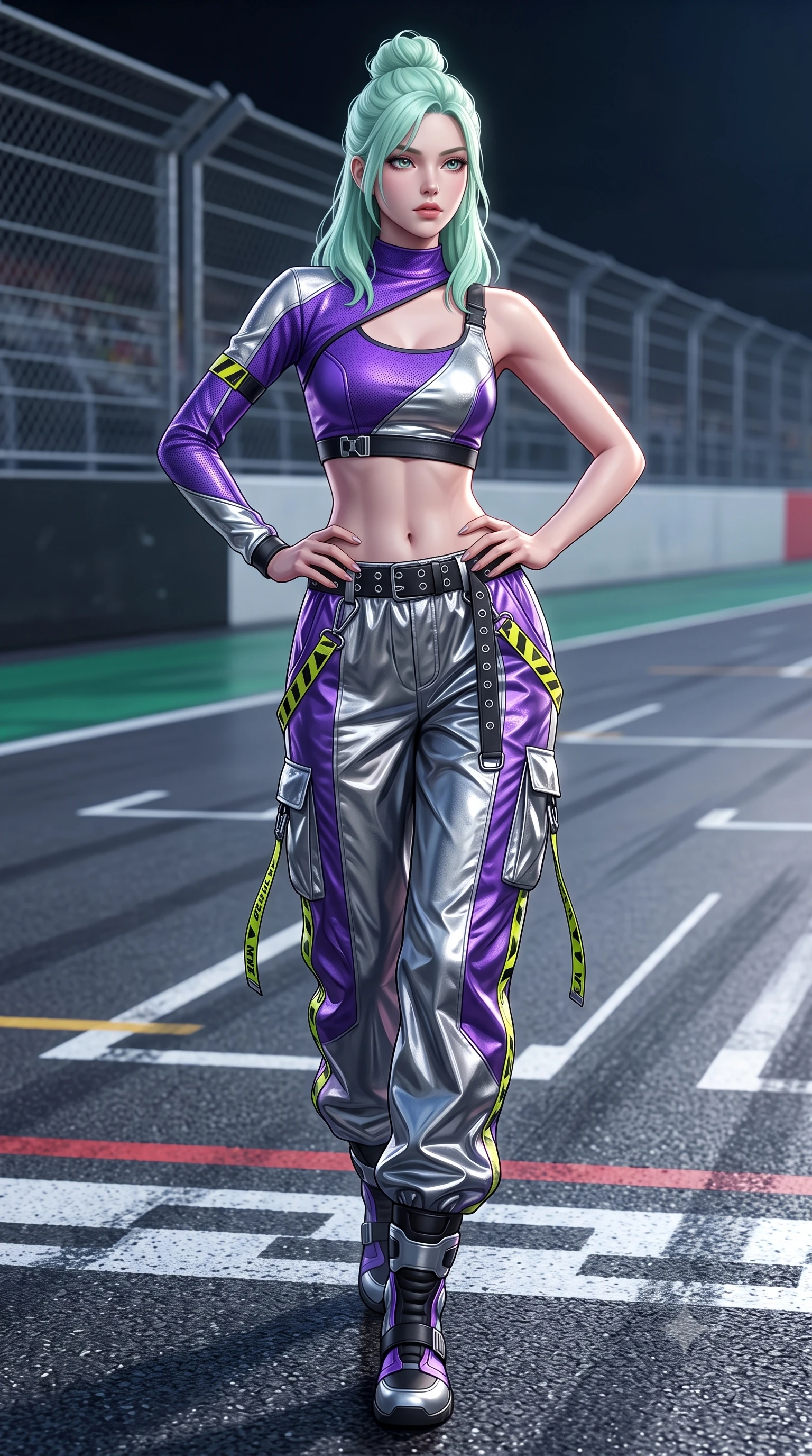 score_9, masterpiece, best quality, ultra-detailed, high-budget anime keyframe, semi-realistic 3D game render, editorial fashion photography, tasteful artistic composition, Japanese woman. low angle full-body shot from head to toe showing her feet, filling the entire 9:16 vertical frame with her statuesque presence, stretching her vertical silhouette. striding forward in a proud, dynamic supermodel runway stride, hips swaying in an alluring kinetic rhythm that stretches her silhouette while twisting her athletic torso in an alluring S-curve while resting both hands on her hips, looking past the camera with fearless allure. The surrounding environment is rendered in vivid detail and crisp panoramic clarity. crisp starting grid painted lines, rain droplet beads on leather jacket, and circuit fencing in deep focus. She has an absolutely perfect, statuesque 8.5-heads proportion, an exceptionally tall and slender model-like female figure with impossibly long slender legs, a toned flat midriff, and an ultra-slim waist. sharp v-shaped jawline, high-bridge nose, intricate jewel-like eyes with depth, thick eyelashes, glossy parted lips with a natural sheen, intensely captivating and seductive expression, flawlessly proportioned anatomical accuracy, strict slender model proportions, natural body alignment, perfectly sculpted long slender limbs, ultra-slim waistline, clean dynamic posture without body distortion. wearing an asymmetric single-sleeve moto crop top paired with baggy metallic parachute trousers and grommet belt in toxic ultraviolet purple and chrome silver, made of breathable technical athletic mesh and liquid-finish track nylon, finished with high-visibility hazard warning tape details and carabiner clips, the sleek tactical cut tightly hugging her graceful clavicle, narrow waist, and athletic curves with statuesque precision. illuminated by crisp directional rim lighting sharply defining her razor-sharp jawline and feminine curves. highly saturated vibrant anime colors, detailed shading with soft gradients, rich glossy textures, high-contrast stereoscopic depth, volumetric dynamic lighting, master piece, 9:16 ratio