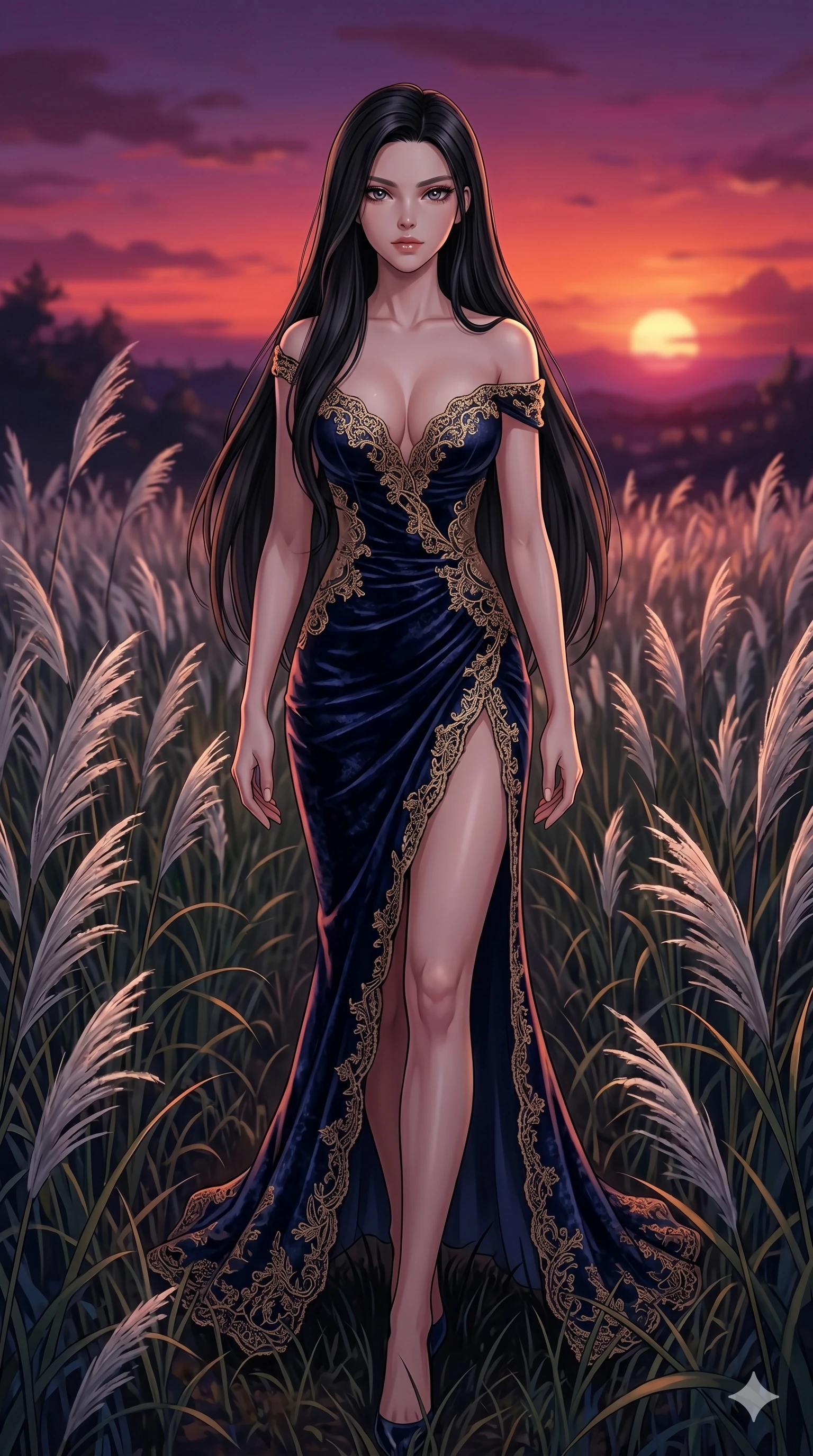 score_9, masterpiece, best quality, ultra-detailed, High-budget Anime Keyframe, East Asian woman. Dynamic full-body shot stretching the vertical silhouette to the limit. Scenario 28: Walking through a field of tall silver grass at twilight. Her presence is magnetic and overpowering in this high-budget anime scene. Outfit 28: A crushed dark velvet gold with a low-cut shoulder and delicate lace embroidery. The clothing is designed to emphasize her exceptionally tall and slender 8-heads proportion. 8-heads proportion, towering silhouette, ultra-slim waist. sharp v-shaped jawline, intricate jewel-like eyes with depth, thick eyelashes, glossy lips. 2k, ultra detail, master piece, 9:16 ratio