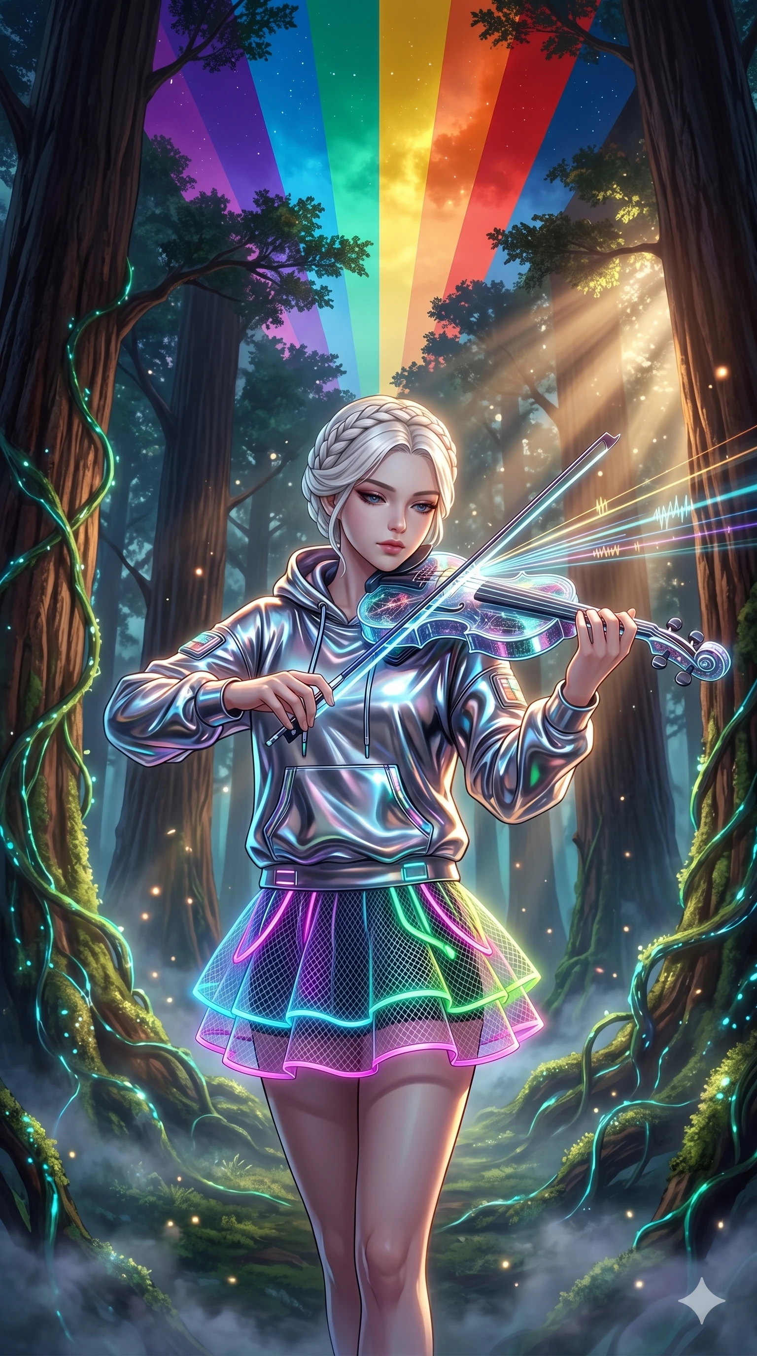 score_9, masterpiece, best quality, ultra-detailed, Set A: High-budget Anime Keyframe, Korean woman. Upper body close-up from the thighs up, character filling the screen for maximum presence. Theme: Primal Nature. playing a holographic violin in a giant redwood forest with glowing vines, with a look of serene power as the sky splits into 8 colors. The atmosphere is filled with cinematic sunlight through leaves. She has an absolutely perfect 8-heads proportion, an exceptionally tall and slender female figure with impossibly long slender legs and an ultra-slim waist. Sharp v-shaped jawline, high-bridge nose, intricate jewel-like eyes with depth, glossy lips. Wearing Cyber-rebel hoodie made of liquid-metal fabric with a neon-lit mesh skirt. Cinematic lighting, vivid colors, dramatic shadows, 2k, ultra detail, master piece, 9:16 ratio
