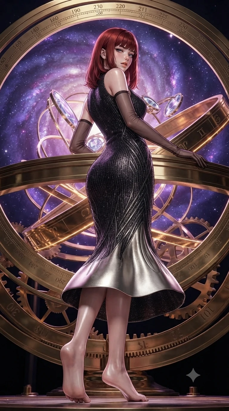 score_9, masterpiece, best quality, ultra-detailed, high-budget anime keyframe, editorial fashion photography, tasteful artistic composition, Caucasian woman. low angle full-body shot from head to toe showing her feet, filling the entire 9:16 vertical frame with her statuesque presence, stretching her vertical silhouette. executing a slow, graceful pivot turn as her skirt sways around her slender legs, glancing back with an enchanting, teasing sensual expression while leaning against the polished brass equatorial ring with hips cocked back, looking through celestial gear trains at the purple galaxy nebula with heavy-lidded bedroom-eyes. The surrounding environment is rendered in vivid detail and crisp panoramic clarity: sharp engraved zodiac degree markings on brass dials, razor-sharp gear teeth, and crystalline lens bevels in deep focus. She has an exceptionally tall and slender model-like 8.5-heads proportion, an ultra-slim waist, a flat toned midriff, narrow delicate ribcage, and beautifully sculpted feminine hips creating a graceful, slim hourglass silhouette without any bulky heaviness, with impossibly long slender legs. sharp v-shaped jawline, high-bridge nose, intricate jewel-like sparkling eyes with depth, thick eyelashes, glossy parted lips with a natural peach sheen, bright cheerful beaming smile with an enchanting and coquettish sensual glint, exuding both youthful cute charm and seductive allure, flawlessly proportioned anatomical accuracy, strict slender model proportions, natural body alignment, perfectly sculpted long slender limbs, ultra-slim waistline, clean dynamic posture without body distortion. wearing a body-contouring metallic lurex knit column dress casting radiant starlight shimmer across her flat midriff in deep obsidian black and liquid molten platinum, woven from buttery-soft stretch lambskin leather adhering to her body like a second skin, complemented by sheer opera-length evening gloves tracing her slender arms, the form-contouring silhouette accentuating her sculpted flat midriff, narrow delicate ribcage, and gracefully curvy hips with intoxicating allure. bathed in cold diamond starlight contrasted with the radiant warm gold of glowing armillary threads. ultra-reflective glossy finish, specular highlights, rich textural contrasts, high-contrast stereoscopic depth, volumetric dynamic lighting, 2k, ultra detail, master piece, 9:16 ratio