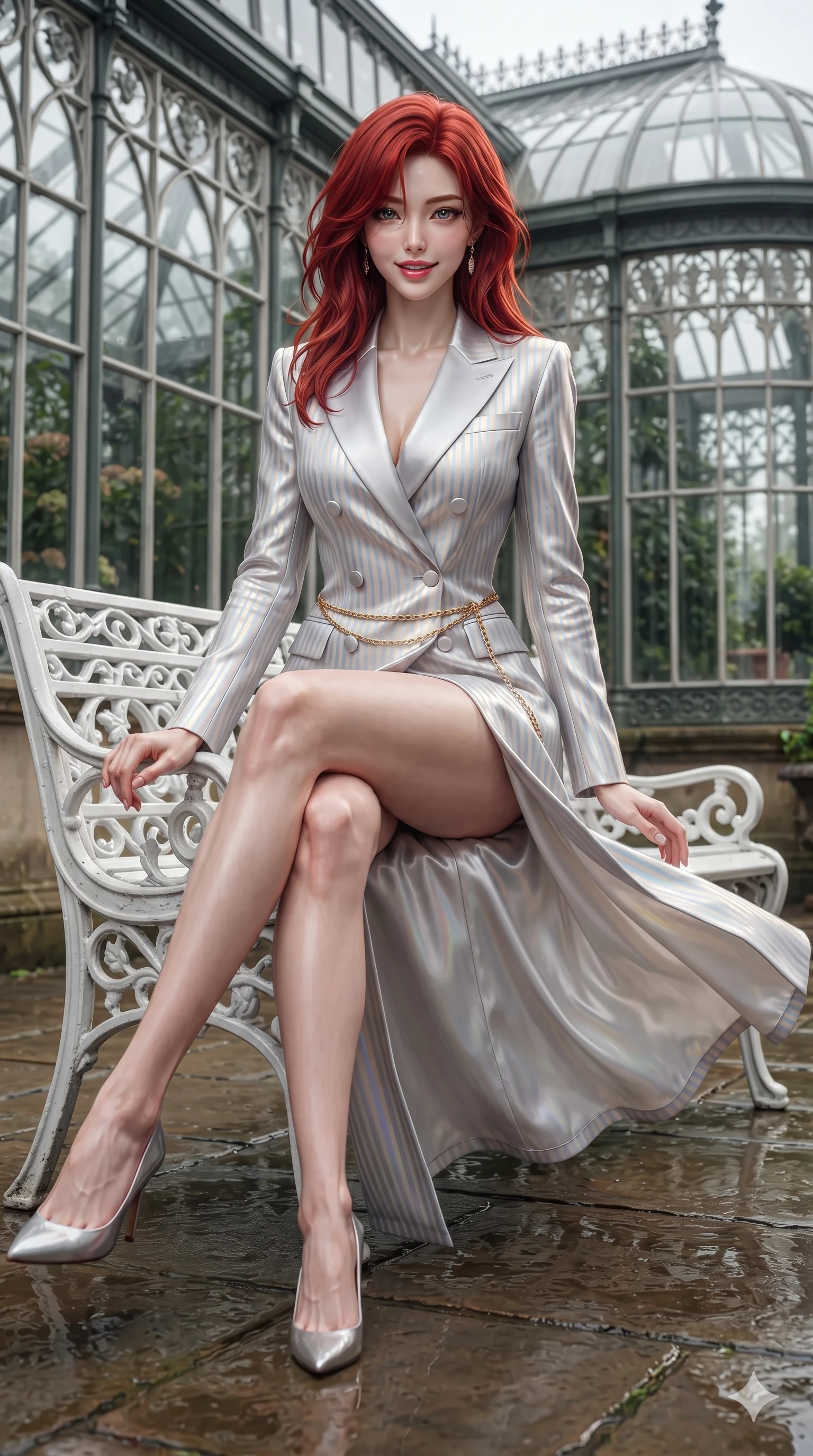score_9, masterpiece, best quality, ultra-detailed, high-budget anime keyframe, editorial fashion photography, tasteful artistic composition, Korean woman. low angle full-body shot from head to toe showing her feet, filling the entire 9:16 vertical frame with her statuesque presence, stretching her vertical silhouette. striding across the penthouse terrace as river breezes whip her high-slit dress open, accentuating her long slender legs and curvy hips while sitting gracefully on the white cast-iron garden bench with legs crossed, flashing an enchanting smile with parted glossy lips. The surrounding environment is rendered in vivid detail and crisp panoramic clarity: detailed semi-translucent wrap dress tailoring, delicate gold chain accents, and Victorian conservatory architecture in razor-sharp clarity. She has an exceptionally tall and slender model-like 8.5-heads proportion, an ultra-slim waist, a flat toned midriff, narrow delicate ribcage, and beautifully sculpted feminine hips creating a graceful, slim hourglass silhouette without any bulky heaviness, with impossibly long slender legs. sharp v-shaped jawline, high-bridge nose, intricate jewel-like sparkling eyes with depth, thick eyelashes, glossy parted lips with a natural sheen, intensely captivating and seductive bedroom-eyes expression, exuding both youthful cute charm and sovereign luxury allure, flawlessly proportioned anatomical accuracy, strict slender model proportions, natural body alignment, perfectly sculpted long slender limbs, ultra-slim waistline, clean dynamic posture without body distortion. wearing a tailored double-breasted tuxedo evening dress with structured satin lapels and metallic pinstripes in iridescent mother-of-pearl and liquid molten silver, crafted from bespoke double-faced cashmere with an exceptionally soft tactile finish, accented with a delicate gold chain belt resting loosely on her curvy hips, the bespoke structured tailoring following the natural line of her 8.5-heads silhouette with refined elegance. illuminated by wet flagstone floor reflections and sharp emerald-gold rim lights sculpting her razor-sharp jawline, narrow waist, and curvy hips. ultra-reflective glossy finish, specular highlights, rich textural contrasts, high-contrast stereoscopic depth, volumetric dynamic lighting, 2k, ultra detail, master piece, 9:16 ratio