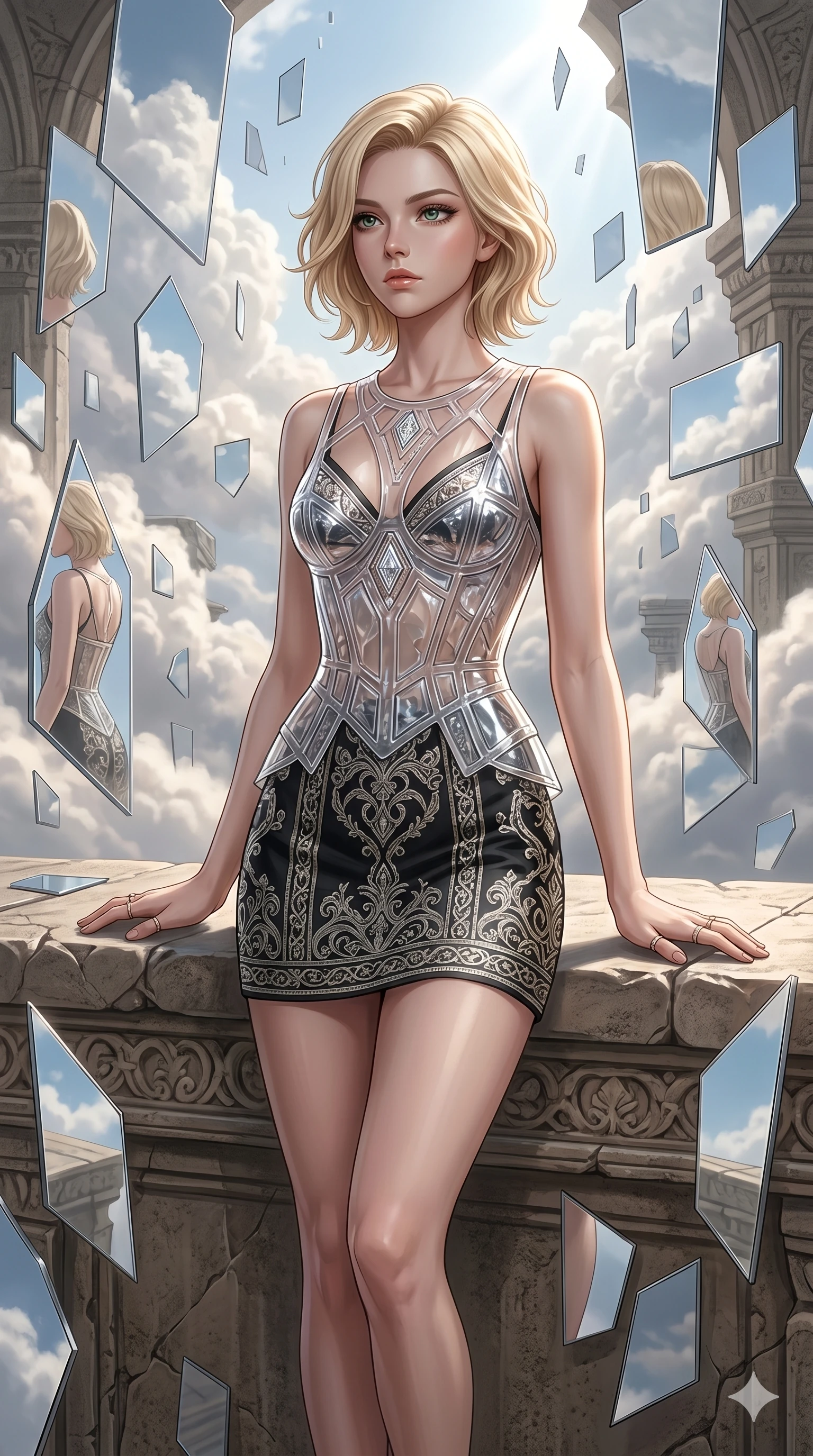 score_9, masterpiece, best quality, ultra-detailed, high-budget anime keyframe, editorial fashion photography, tasteful artistic composition, Caucasian woman, strictly human ears. cowboy shot from the thighs up, character and outfit filling the frame for maximum editorial presence. resting both hands on the stone ledge, looking past the camera in deep thought in a cloud sanctuary with floating mirrors (Code-P17-191). She has an absolutely perfect 8-heads proportion, an exceptionally tall and slender female figure with impossibly long slender legs and an ultra-slim waist. V-shaped jawline, high-bridge nose, intricate jewel-like eyes with depth, thick eyelashes, glossy lips with a natural sheen. wearing a translucent structured bodice over a black patterned embroidery slip dress. bright cinematic key light tracing the sleek contours of her athletic figure. 2k, ultra detail, master piece, 9:16 ratio